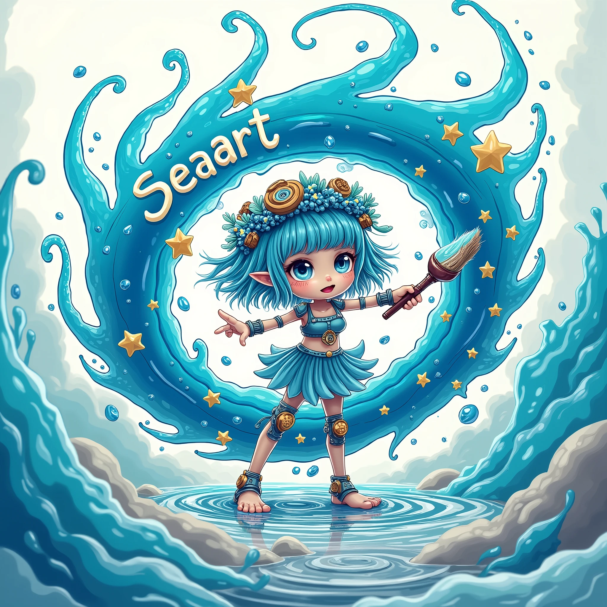 cute，A blue sea elf，Wearing clothes made from seawater，Wearing a digitally-made blue sea painter&#39;s hat，Barefoot，Holding a paintbrush in left hand，Right hand pointing forward，On the right hand, there is a large circle made of blue sea water with the word &quot;seaart&quot; written on it.，Swirl shape，Swirl shape，Curious expression，A person poses for painting，White Art World Background，Perfect Light，High image quality，Extraordinary texture，High-resolution details，Masterpieces，Vivid colors，High contrast tones，Cool colors，Fantasy style，Perfect Light，High image quality，Extraordinary texture，Chibi，3D Rendering，Unreal Engine，C4D，OC Renderer，Ray Tracing，Long-distance shooting