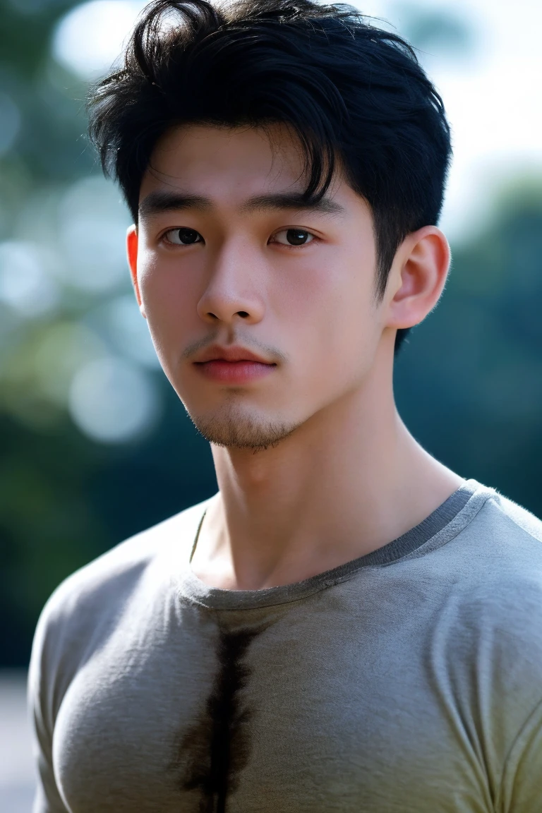 portrait of a young Japanese -yeoy 1, no shirt,  manly, hairy, good looking body,  undercut short black hair, white peal and bright skin, very tick eyes brow, big and black shining eyes, picture from a movie shot, soft light, 8k, sharp an bright, background is the soft blue bokeh, the best quality picture