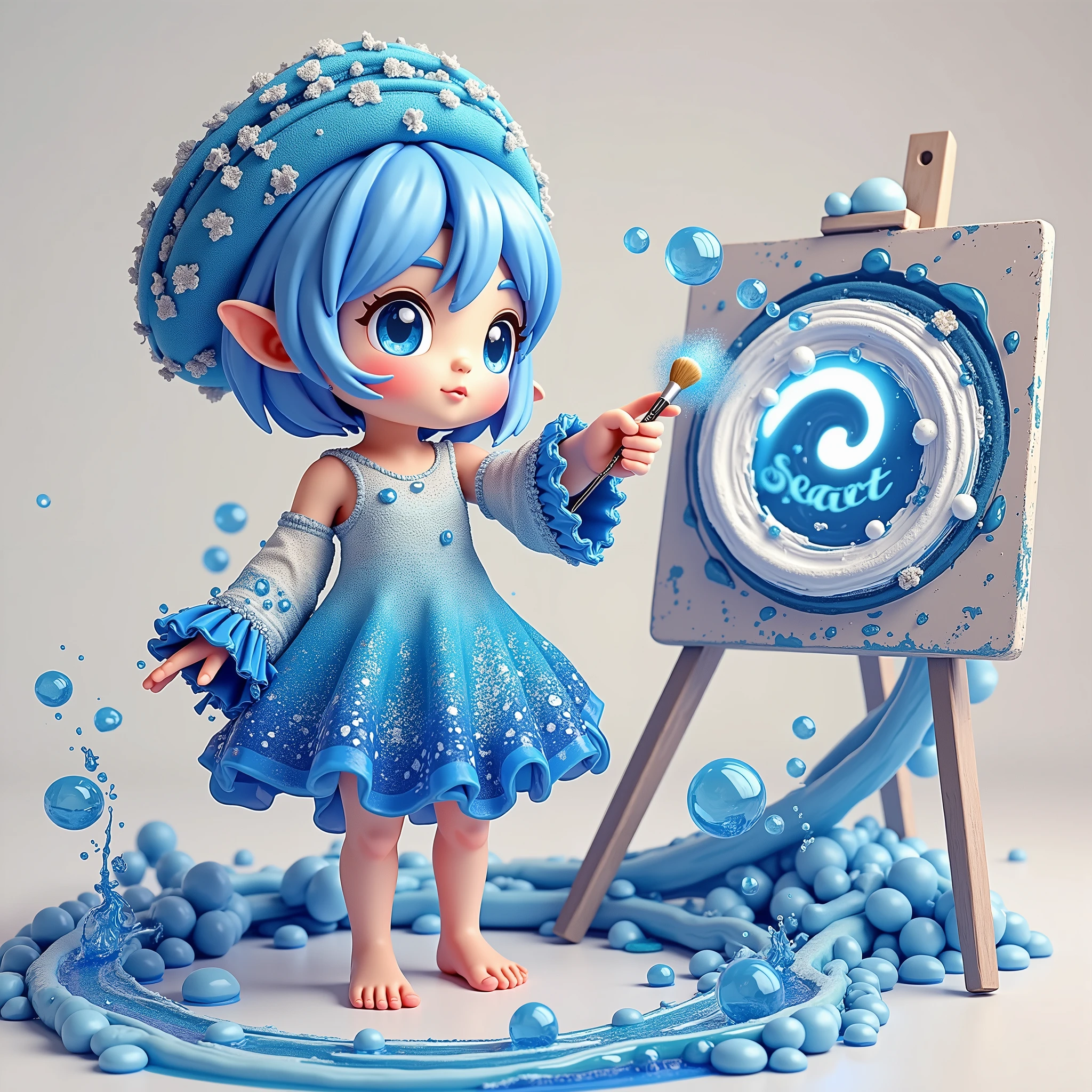 cute，A blue sea elf，Wearing clothes made from seawater，Wearing a digitally-made blue sea painter&#39;s hat，Barefoot，Holding a paintbrush in left hand，Right hand pointing forward，On the right hand, there is a large circle made of blue sea water with the word &quot;seaart&quot; written on it.，Swirl shape，Swirl shape，Curious expression，A person poses for painting，White Art World Background，Perfect Light，High image quality，Extraordinary texture，High-resolution details，Masterpieces，Vivid colors，High contrast tones，Cool colors，Fantasy style，Perfect Light，High image quality，Extraordinary texture，Chibi，3D Rendering，Unreal Engine，C4D，OC Renderer，Ray Tracing，Long-distance shooting