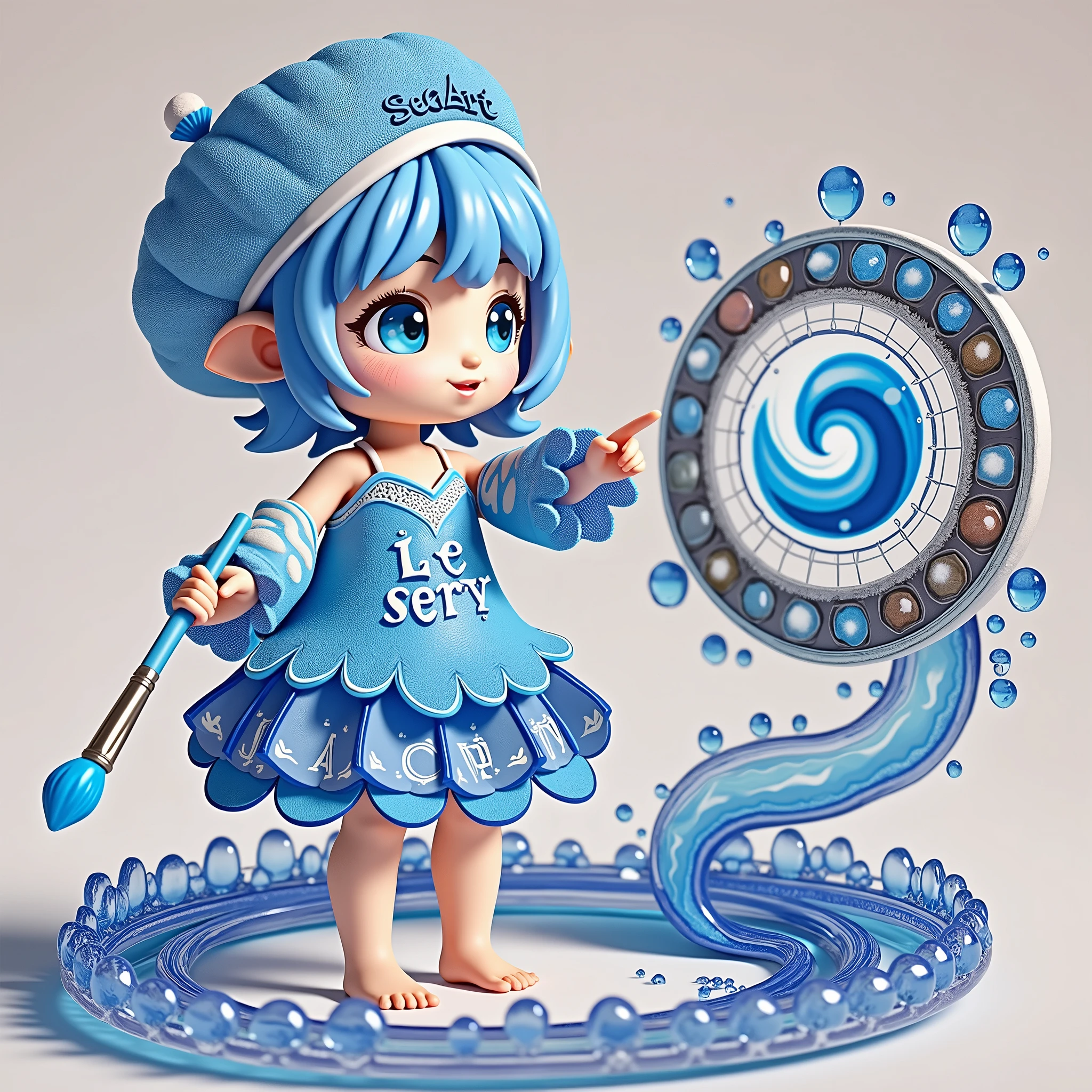 cute，A blue sea elf，Wearing clothes made from seawater，Wearing a digitally-made blue sea painter&#39;s hat，Barefoot，Holding a paintbrush in left hand，Right hand pointing forward，On the right hand, there is a large circle made of blue sea water with the word &quot;seaart&quot; written on it.，Swirl shape，Swirl shape，Curious expression，A person poses for painting，White Art World Background，Perfect Light，High image quality，Extraordinary texture，High-resolution details，Masterpieces，Vivid colors，High contrast tones，Cool colors，Fantasy style，Perfect Light，High image quality，Extraordinary texture，Chibi，3D Rendering，Unreal Engine，C4D，OC Renderer，Ray Tracing，Long-distance shooting