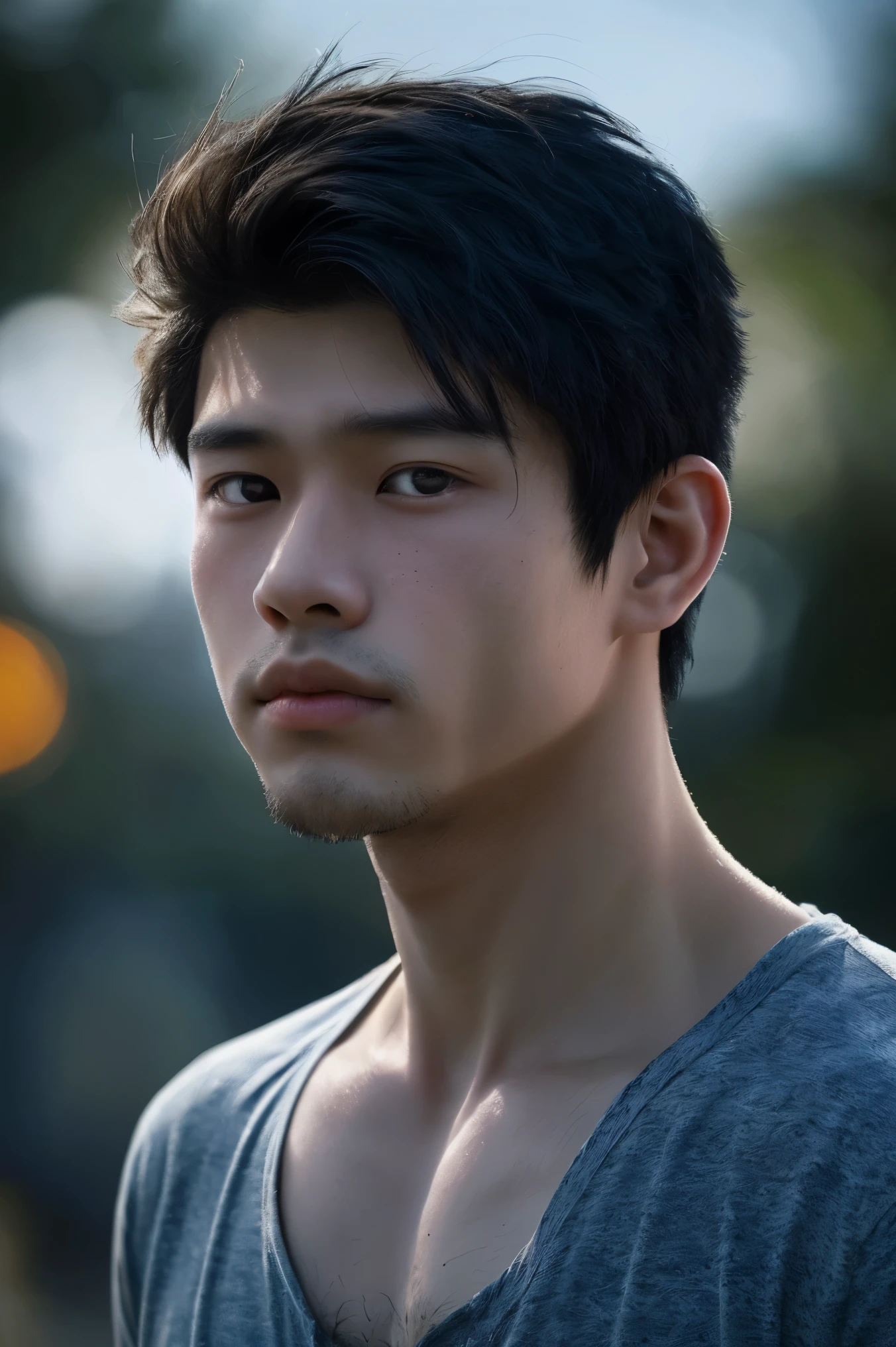 portrait of a young Japanese 15 year boy 1, no shirt,  manly, hairy, muscle,  undercut short black hair, white peal and bright skin, very tick eyes brow, big and black shining eyes, picture from a movie shot, soft light, 8k, sharp an bright, background is the soft blue bokeh, the best quality picture