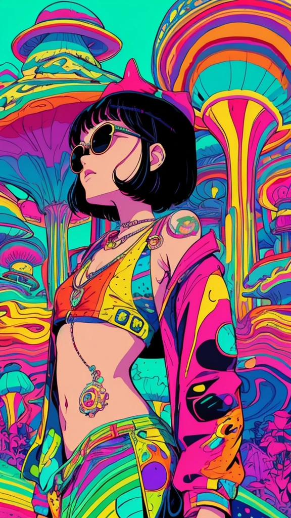 girl with short black hair, wearing sunglasses, in loose hippie style clothes, trippy mushroom landscape, 90s retro poster style, 90s illustration style, vivid colors, psychedelic, surreal, detailed, high quality, 90s illustration, 90s cartoon, 90s cartoon network, 90s animation