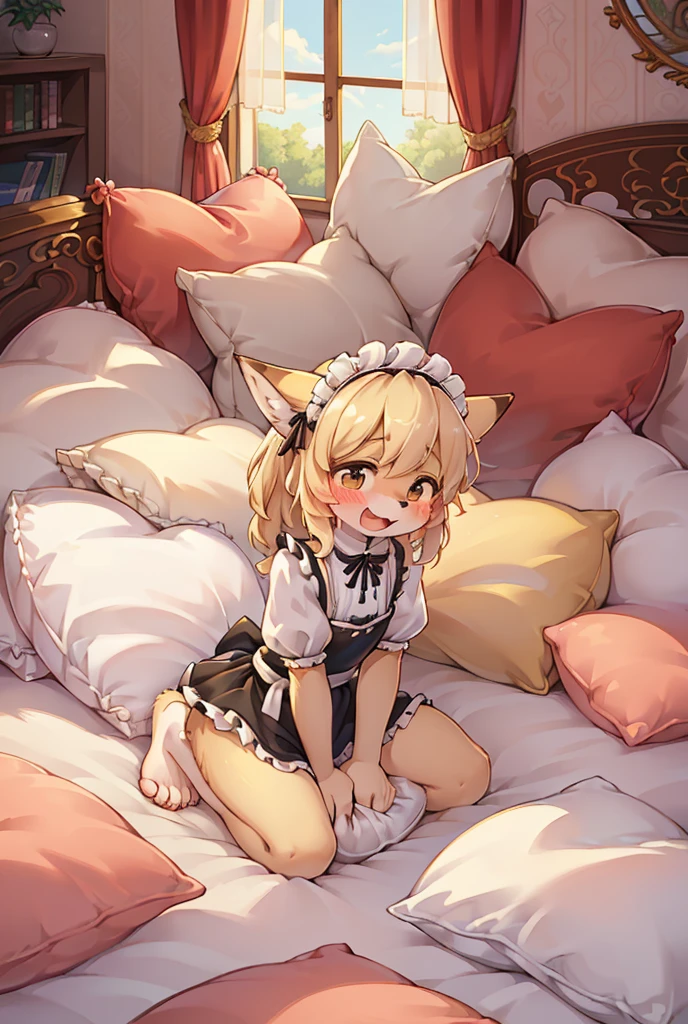 （masterpiece，best quality），mine, The Beast, , (Light and shadow suitable for any Pillow background））, 穿着Maid costume的可爱女孩在Pillow上摆姿势,，Maid costume，nature,, (blush),a smile，Pillow,（Lots of Pillow），Soft cushion，（canopy bed），（Pillow），Lots of Pillow，（Friction in the crotch），（（Pillow Hump）），（A tail），（Around the protagonist），steam，（Pillow），（Luxury Pillow），（Palace Pillow Pattern Pillow），（palace），（Palace bedroom），（Gorgeous Pattern Pillow），Soft Pillow，，（Classical European style bedroom ），（excited，shy person，Lack of expressiveness，），pillow hump,，(Deluxe Rococo Canopy King Bed),Luxurious curtains with ornate ruffles and ribbons hang around the large bed.,((((The bed is piled with many Pillows)))),Quilt details,Detailed bed linen,Ruffled Bed Skirt,Deep Bed,Background with depth,((Pillow in detail)), ((((A Lot of Pillow))))，,，Detailed Soft Pillow,,((女孩正躺在许多Soft Pillow上,There are many Pillows around))，、、In a large canopy bed、Soft sheets and quilts、Colorful soft Pillow、Lots of Pillow、Soft toned bed、Ruffled curtains around the bed.。Delicate face，（Ornate pattern pillow），Soft pillows，，（Classical European style bedroom ），（Excited face，Opened his mouth，Shy，），,MASTURBATING WITH PILLOW,，，FORTUNES，fox girl，，sweaty，，sitting，，Blushing，Shy,((feet on pillows，feet trample on pillows))