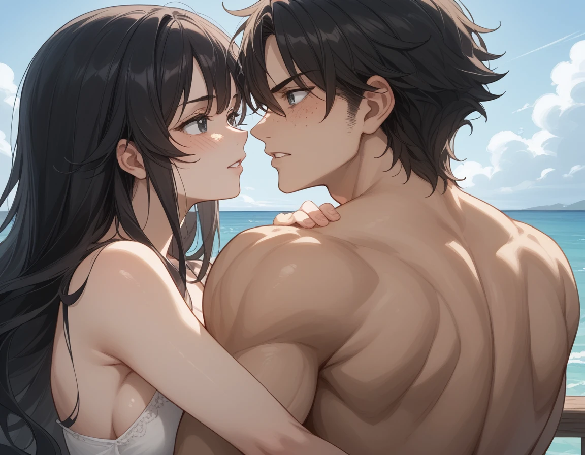 (high quality), anime girl, black long hair, no clothes, blushing face, big breasts, beach, anime boy holding girl's breast, 