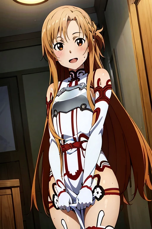 ((Best Quality)), ((masterpiece)), (be familiar with), Perfect Face, indoor, bedroom, Watching the audience,
One woman, Yuuki Asuna,
Open Mouth, Ecstatic expression, blush, smile,
Small breasts, Flat Chest, , , child, Girl,
Long Hair, Long Hair,
Leg spread,