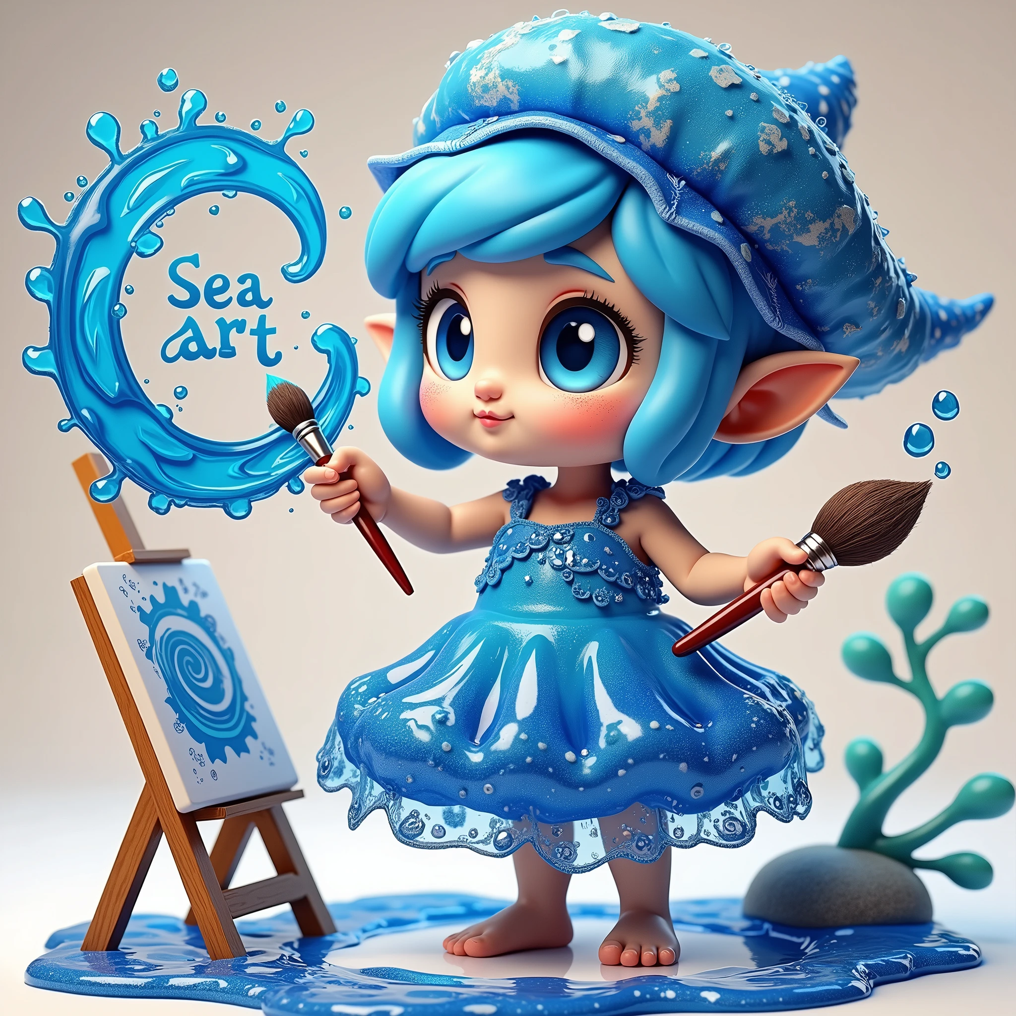 cute，A blue sea elf，Wearing clothes made from seawater，Wearing a digitally-made blue sea painter&#39;s hat，Barefoot，Holding a paintbrush in left hand，Right hand pointing forward，On the right hand, there is a large circle made of blue sea water with the word &quot;seaart&quot; written on it.，Swirl shape，Swirl shape，Curious expression，A person poses for painting，White Art World Background，Perfect Light，High image quality，Extraordinary texture，High-resolution details，Masterpieces，Vivid colors，High contrast tones，Cool colors，Fantasy style，Perfect Light，High image quality，Extraordinary texture，Chibi，3D Rendering，Unreal Engine，C4D，OC Renderer，Ray Tracing，Long-distance shooting