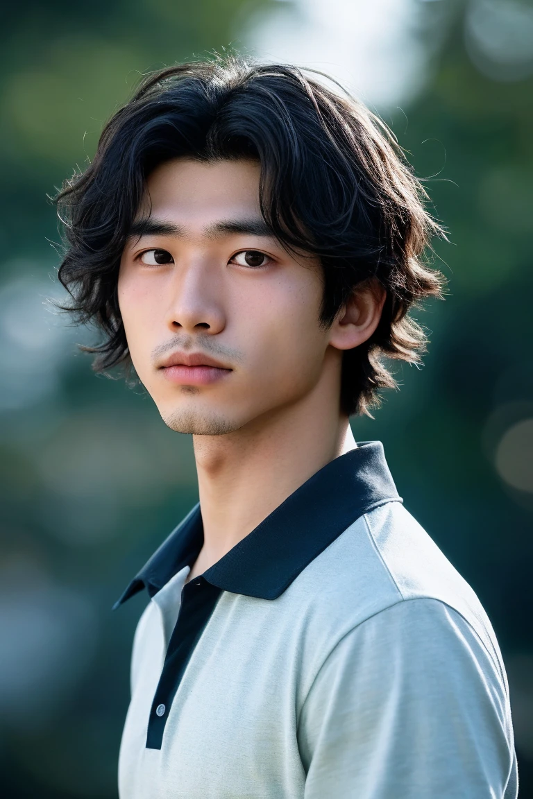 portrait of a young Japanese 15-year boy 1, no shirt,  manly, hairy, good looking body,  undercut short black hair, white peal and bright skin, very tick eyes brow, big and black shining eyes, picture from a movie shot, soft light, 8k, sharp an bright, background is the soft blue bokeh, the best quality picture