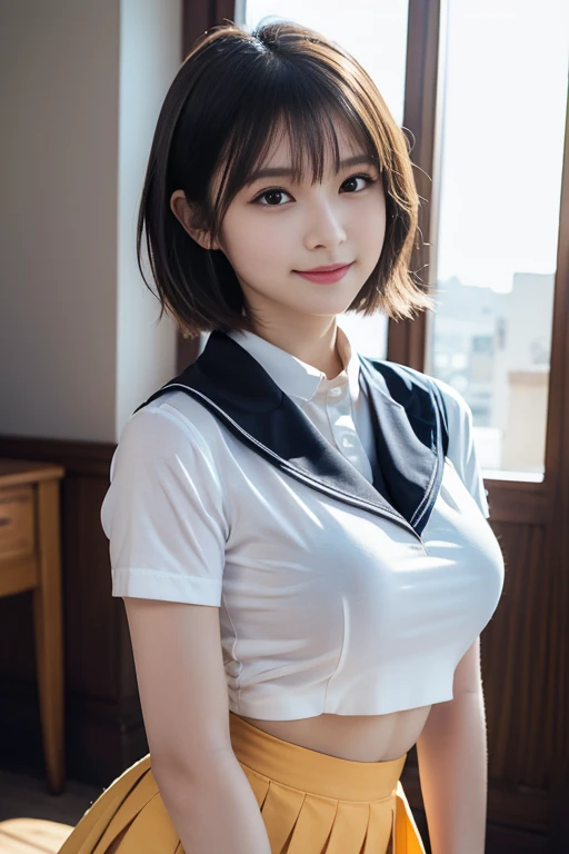 (reality: 1.4),highest quality, masterpiece, high detail, 16K quality, beautiful, 1 beautiful girl,japanese,super beautiful face,baby face,japanese idol face,cute face,super detailed face,detailed hand,beautiful skin,oily skin,big eyes,profeccional lighting,short hair,black hair,brown beautiful eyes, sitting whith knee up,arms behind back,big smile,legs spread,spread pussy,(skirt lift),big breasts,(sailor suit),(checked skirt),(spread pussy),detailed pussy,black high socks,she is looking at the camera,classroom,nsfw,from below,