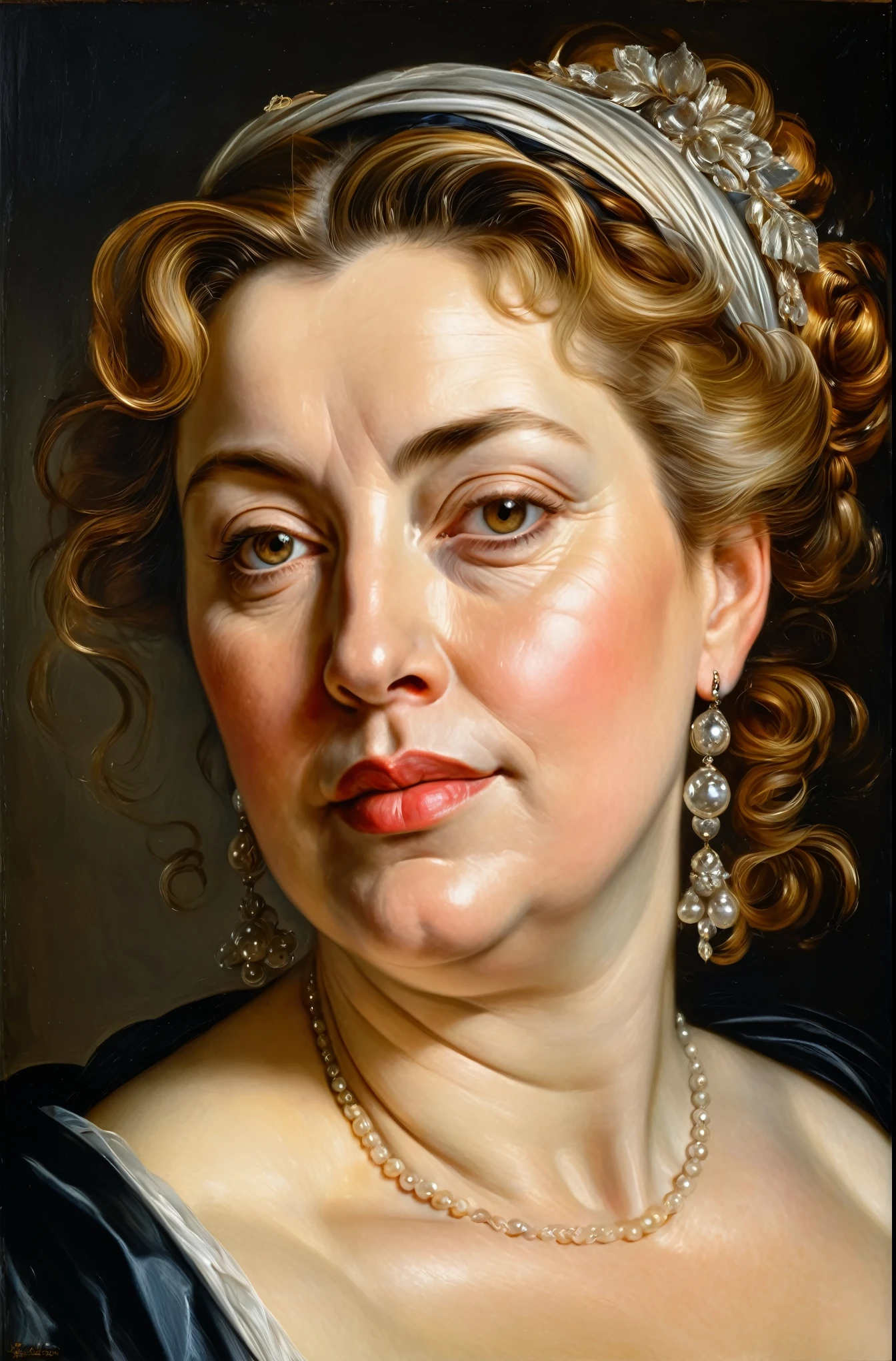 portrait painting of a thick Beautiful middle aged woman, extremely gorgeous , by Peter Paul Rubens, in Peter Paul Rubens style, by Caravaggio, intricate, flawless, masterpiece, Best quality, bursting bust, side, cleavage, huge bust, , hands on own nipples, ((noble emotions:1.4)