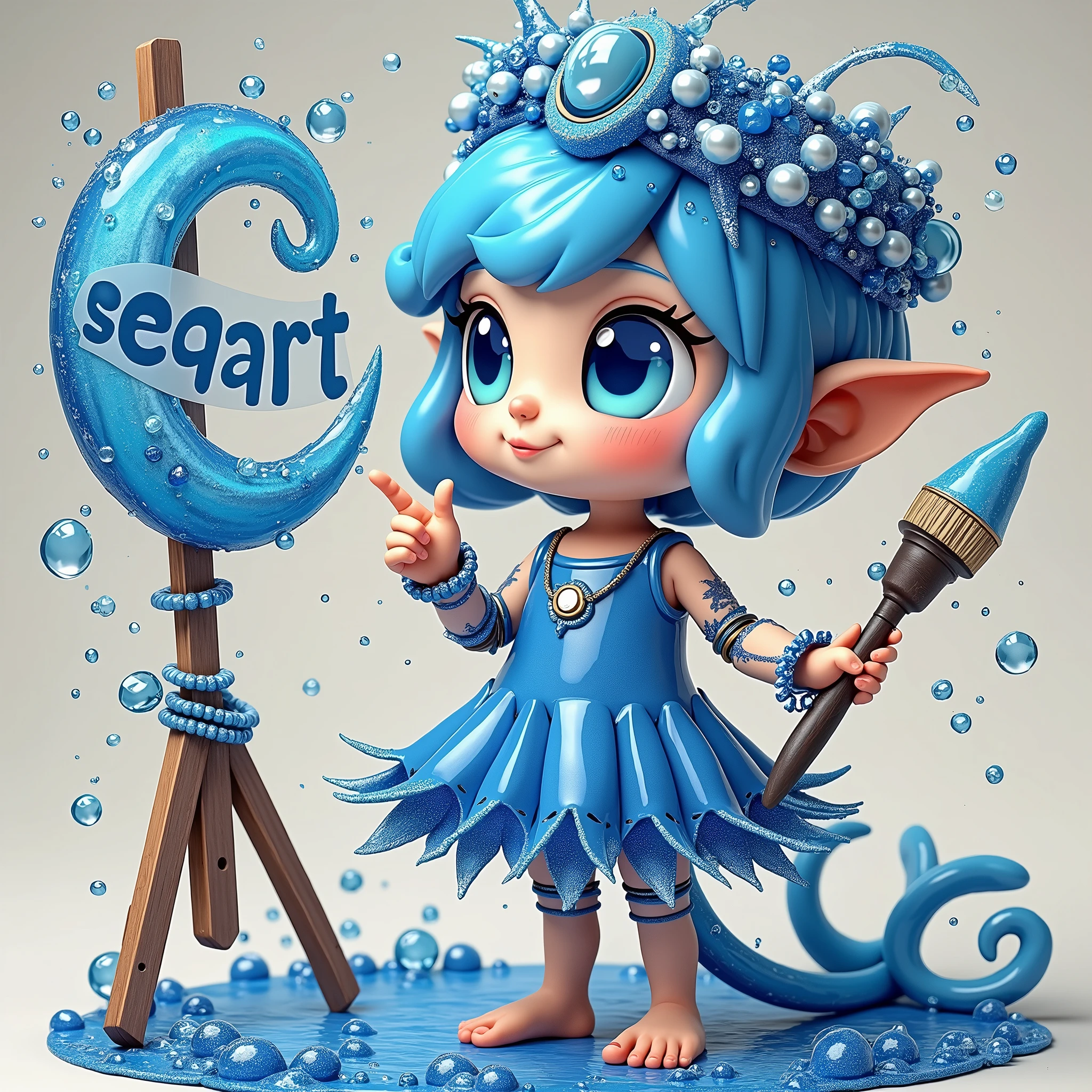 cute，A blue sea elf，Wearing clothes made from seawater，Wearing a digitally-made blue sea painter&#39;s hat，Barefoot，Holding a paintbrush in left hand，Right hand pointing forward，On the right hand, there is a large circle made of blue sea water with the word &quot;seaart&quot; written on it.，Swirl shape，Swirl shape，Curious expression，A person poses for painting，White Art World Background，Perfect Light，High image quality，Extraordinary texture，High-resolution details，Masterpieces，Vivid colors，High contrast tones，Cool colors，Fantasy style，Perfect Light，High image quality，Extraordinary texture，Chibi，3D Rendering，Unreal Engine，C4D，OC Renderer，Ray Tracing，Long-distance shooting