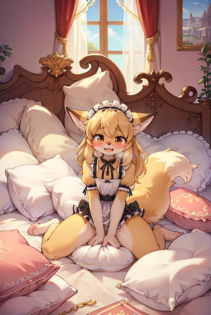 （masterpiece，best quality），mine, The Beast, , (Light and shadow suitable for any Pillow background））, 穿着Maid costume的可爱女孩在Pillow上摆姿势,，Maid costume，nature,, (blush),a smile，Pillow,（Lots of Pillow），Soft cushion，（canopy bed），（Pillow），Lots of Pillow，（Friction in the crotch），（（Pillow Hump）），（A tail），（Around the protagonist），steam，（Pillow），（Luxury Pillow），（Palace Pillow Pattern Pillow），（palace），（Palace bedroom），（Gorgeous Pattern Pillow），Soft Pillow，，（Classical European style bedroom ），（excited，shy person，Lack of expressiveness，），pillow hump,，(Deluxe Rococo Canopy King Bed),Luxurious curtains with ornate ruffles and ribbons hang around the large bed.,((((The bed is piled with many Pillows)))),Quilt details,Detailed bed linen,Ruffled Bed Skirt,Deep Bed,Background with depth,((Pillow in detail)), ((((A Lot of Pillow))))，,，Detailed Soft Pillow,,((女孩正躺在许多Soft Pillow上,There are many Pillows around))，、、In a large canopy bed、Soft sheets and quilts、Colorful soft Pillow、Lots of Pillow、Soft toned bed、Ruffled curtains around the bed.。Delicate face，（Ornate pattern pillow），Soft pillows，，（Classical European style bedroom ），（Excited face，Opened his mouth，Shy，），,MASTURBATING WITH PILLOW,，，FORTUNES，fox girl，，sweaty，，sitting，，Blushing，Shy,((feet on pillows，feet trample on pillows))