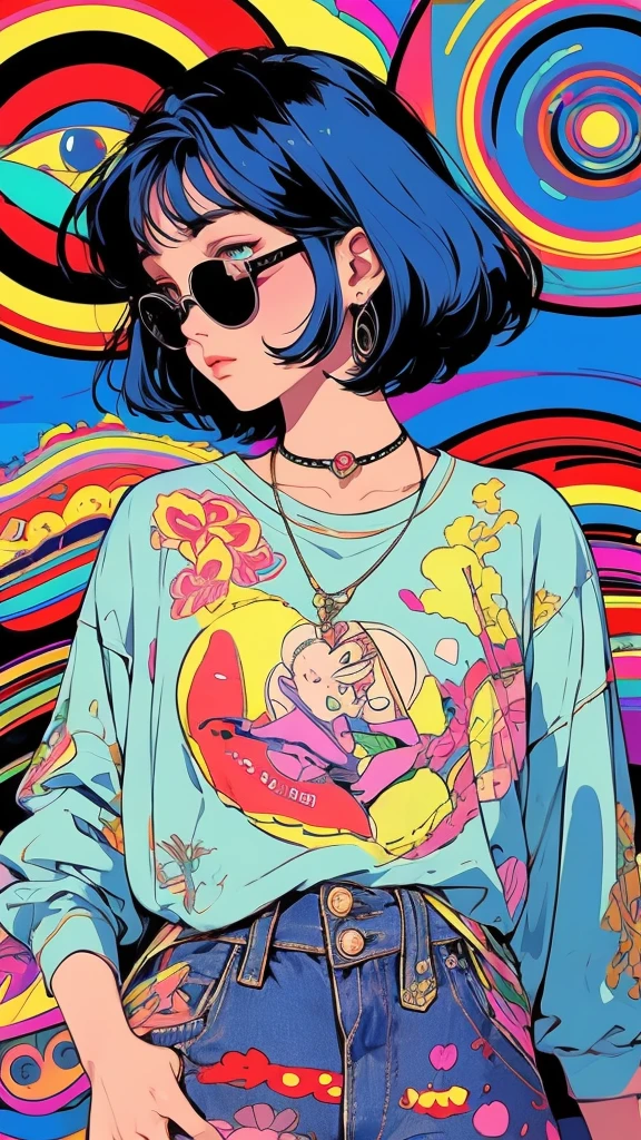 girl with short black hair, wearing sunglasses, in loose hippie style clothes, trippy mushroom landscape, 90s retro poster style, 90s illustration style, vivid colors, psychedelic, surreal, detailed, high quality, 90s illustration, 90s cartoon, 90s cartoon network, 90s animation