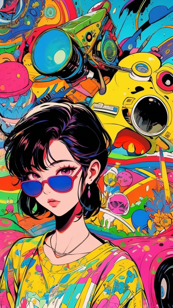 girl with short black hair, wearing sunglasses, in loose hippie style clothes, trippy mushroom landscape, 90s retro poster style, 90s illustration style, vivid colors, psychedelic, surreal, detailed, high quality, 90s illustration, 90s cartoon, 90s cartoon network, 90s animation