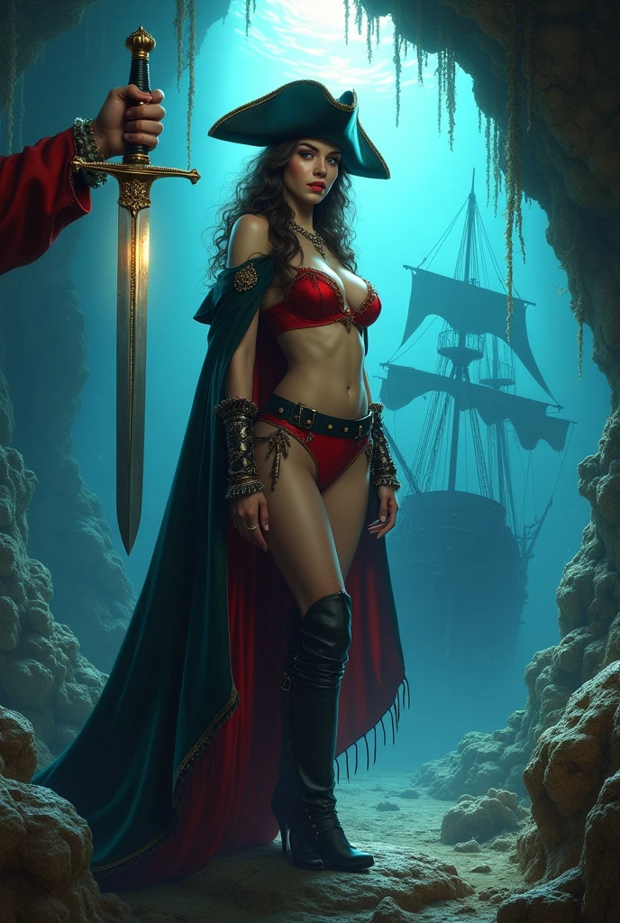 Generate [bichu] [greg rutkowski] by [luis royo] (point-of-view:1.5) detailed, intricate, oil on canvas, dry brush illustration of youthfull [1girl:1.5] [solo:1.5]. She is almost nude buxom dangerous daring (pirate:1.2) (admiral:1.2) prt (lost in thought), she is on a [stern] of [pirate ship] Galleon deck with her hand on her hip during dynamic and dramatic [naval battle], [jolly roger] flutters on the mast, during cold cloudy gloomy [rainy night:1.2] fog illuminated by moonlight glow. Ship a sleak frigate in the distance firering broadside salvo with visible flash and gunpowder smoke. Wearing (laced tunic:1.5) with exposed bare shoulders and [admiral pauldrons], [black chocker], and [long skirt] and armed with [Flintlock] tucked under belt and [sabre] on her hip. exposed, nsfw:1.3, exposed breast, exposed navel, exposed:1.4
