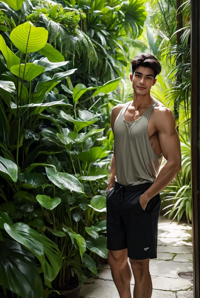 Ultra High Definition, extremely detailed, masterpiece, A tall, striking man with an athletic build stands in the heart of an exotic botanical garden, surrounded by towering palms, vibrant orchids, and rare tropical plants. His (fitted black tank top) reveals his sculpted arms and chest, while his cargo shorts hug his toned legs. His dark short hair is styled neatly, and his sharp jawline is accentuated by a light smile on his lips. As he walks along the stone pathway, his gaze moves from the large ferns to the brightly colored heliconias blooming in clusters. The humidity causes a soft sheen of sweat to glisten on his skin, making him look both rugged and at ease in the lush, humid surroundings. The air is filled with the earthy smell of damp soil and the sweet scent of tropical blooms, as the distant call of exotic birds echoes through the dense foliage. His presence blends effortlessly with the scenery creating a sense on sensuality and allure.