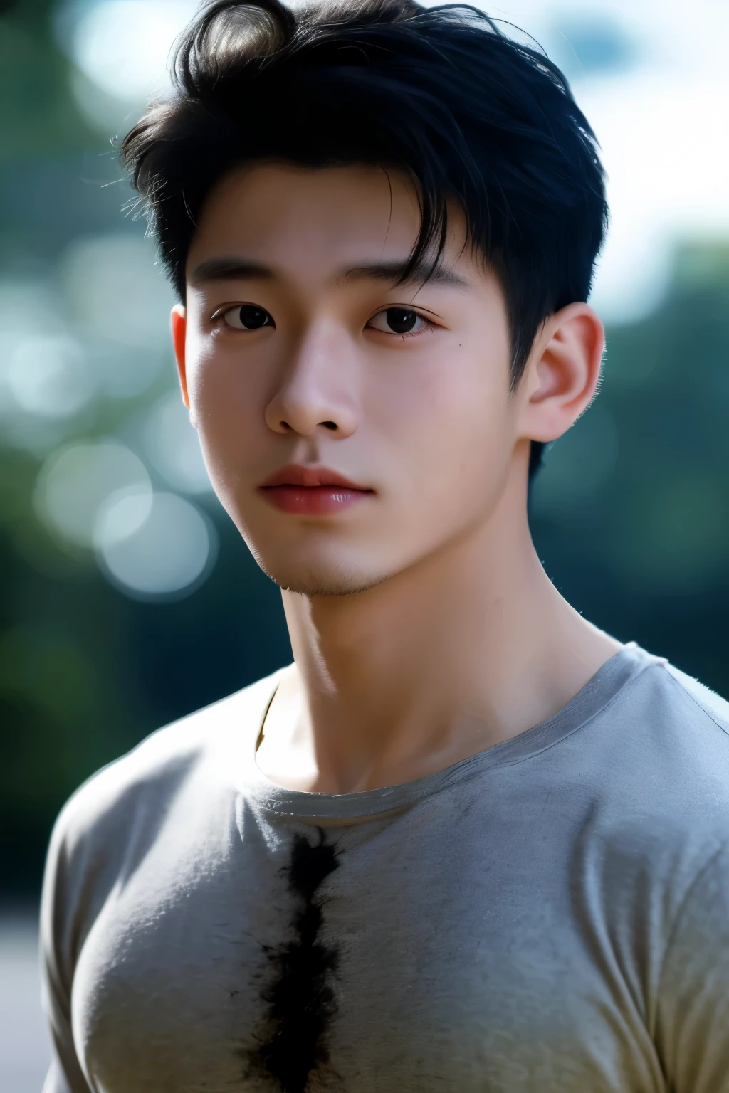 portrait of a young Japanese -yeoy 1, no shirt,  manly, hairy, good looking body,  undercut short black hair, white peal and bright skin, very tick eyes brow, big and black shining eyes, picture from a movie shot, soft light, 8k, sharp an bright, background is the soft blue bokeh, the best quality picture