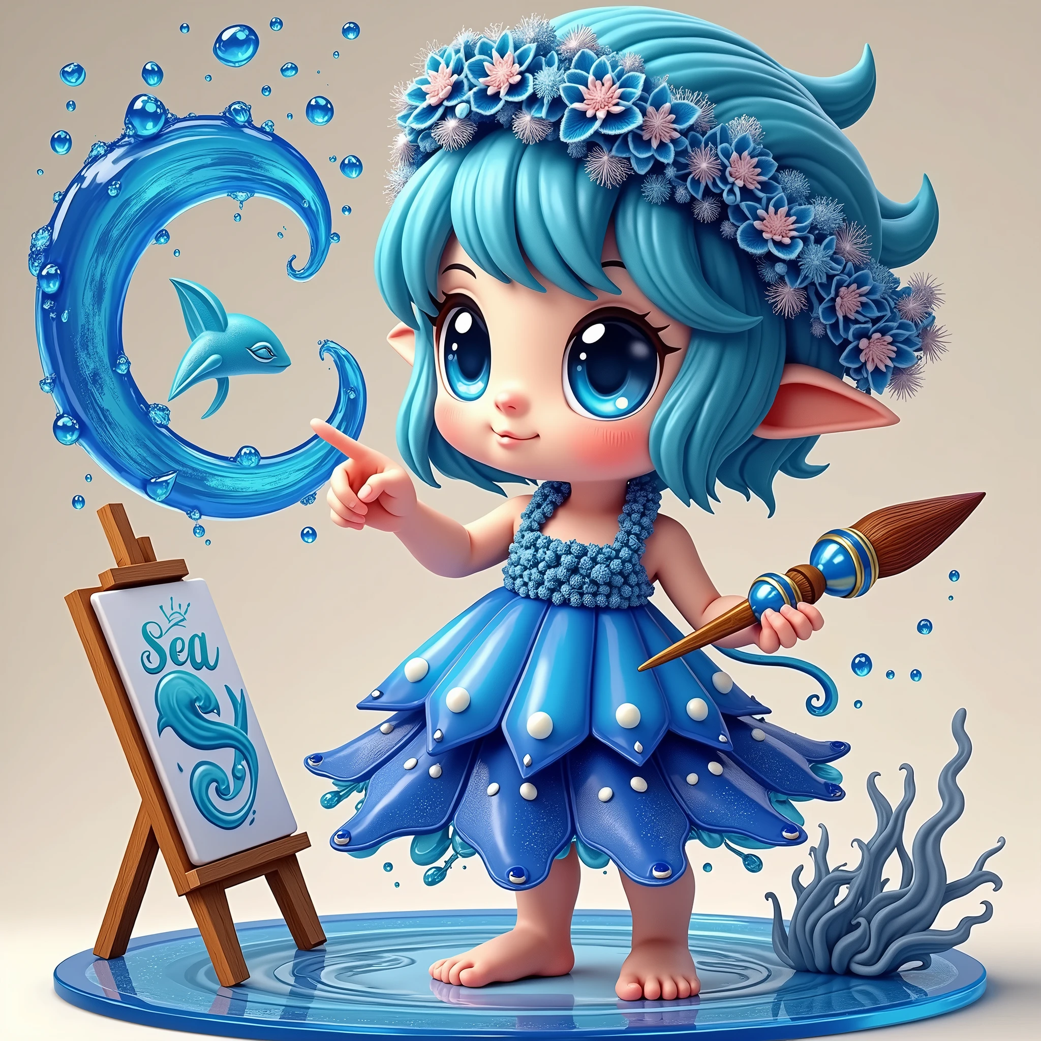 cute，A blue sea elf，Wearing clothes made from seawater，Wearing a digitally-made blue sea painter&#39;s hat，Barefoot，Holding a paintbrush in left hand，Right hand pointing forward，On the right hand, there is a large circle made of blue sea water with the word &quot;seaart&quot; written on it.，Swirl shape，Swirl shape，Curious expression，A person poses for painting，White Art World Background，Perfect Light，High image quality，Extraordinary texture，High-resolution details，Masterpieces，Vivid colors，High contrast tones，Cool colors，Fantasy style，Perfect Light，High image quality，Extraordinary texture，Chibi，3D Rendering，Unreal Engine，C4D，OC Renderer，Ray Tracing，Long-distance shooting