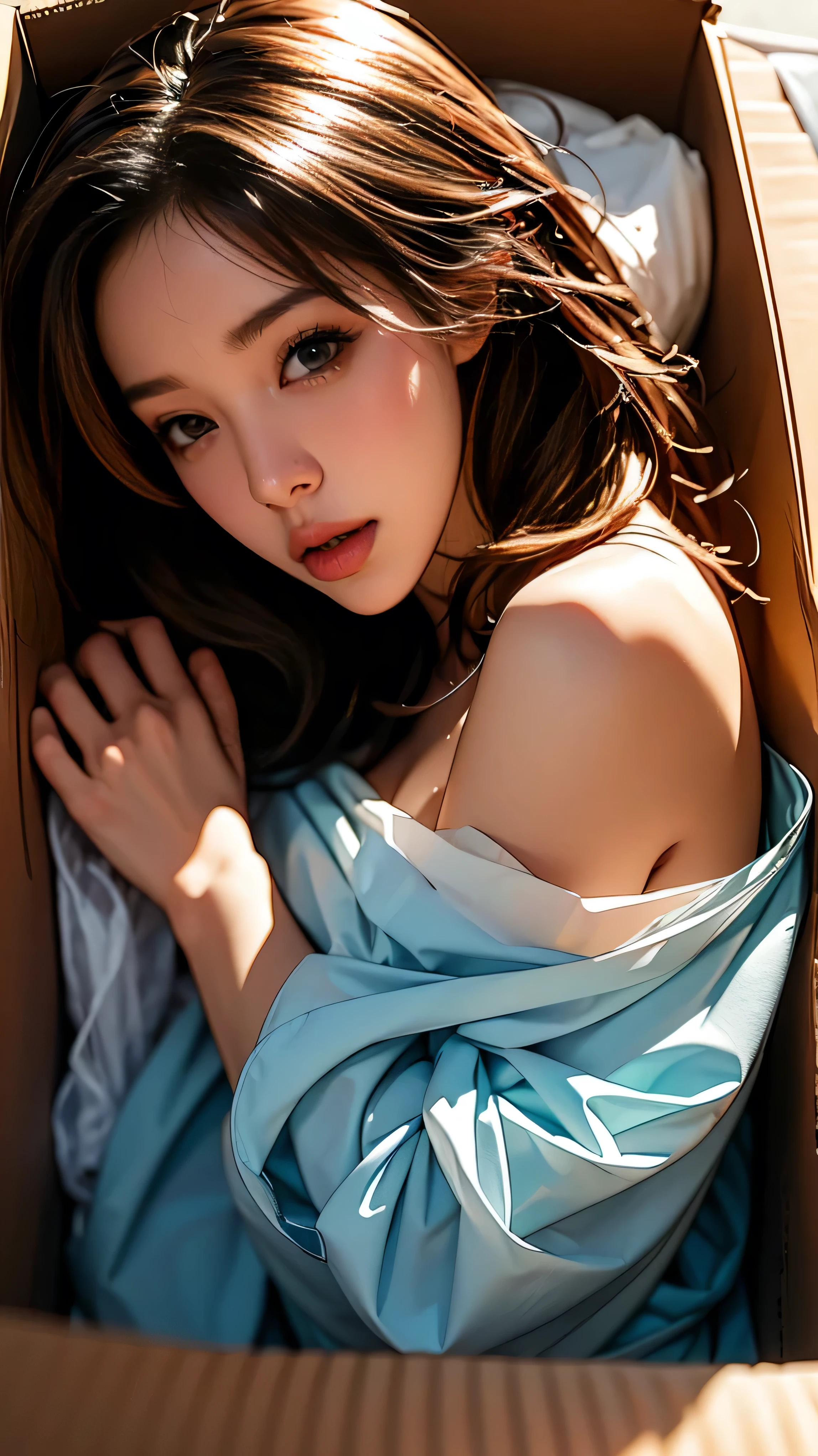 （T Masterpiece，Top Quality，Best Quality，Official Art，Beauty and aesthetics：1.5），Super beautiful girl，Extremely detailed，（s Fractal Art：1.5），Very colorful，Most Detailed Particle Effects Section 8K Perfect Face，Modern digital painting, ultra-high resolution, large white flowers in hair, super 3D rendering ,((Straight medium brown hair)),Green Eyes,Cleavage,Sitting with Legs Wide Open,(((Buried in a pile of crumpled up papers))),(((Lying down)))
