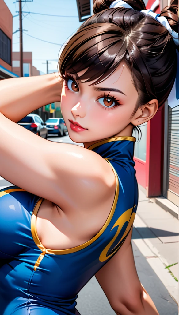 score_9, score_8_up, score_7_up, BREAK, score_9, 1girl, chun-li,street fighter, black hair, brown eyes, eyelashes, short hair, breasts, looking at viewer, standing pose, lips, blue bodysuit, Blue leotard with gold embroidery, blue vest, sleeveless, cowboy shot