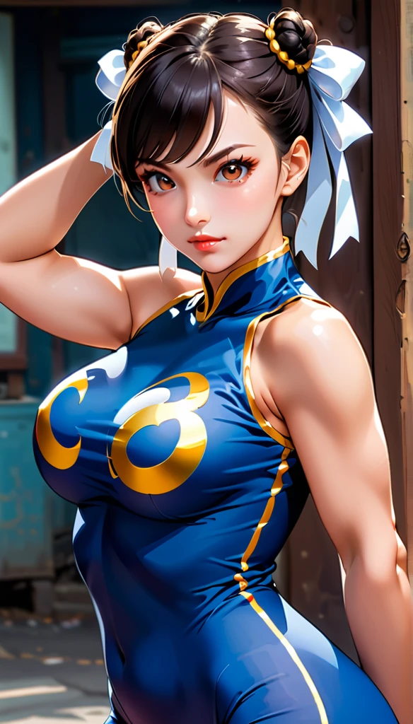 score_9, score_8_up, score_7_up, BREAK, score_9, 1girl, chun-li,street fighter, black hair, brown eyes, eyelashes, short hair, breasts, looking at viewer, standing pose, lips, blue bodysuit, Blue leotard with gold embroidery, blue vest, sleeveless, cowboy shot