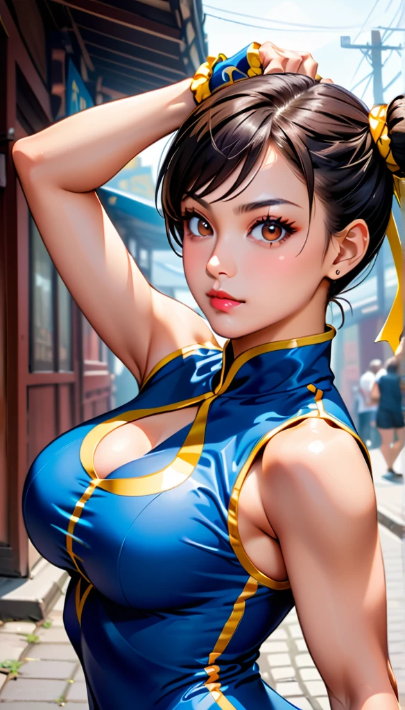 score_9, score_8_up, score_7_up, BREAK, score_9, 1girl, chun-li,street fighter, black hair, brown eyes, eyelashes, short hair, breasts, looking at viewer, standing pose, lips, blue bodysuit, Blue leotard with gold embroidery, blue vest, sleeveless, cowboy shot