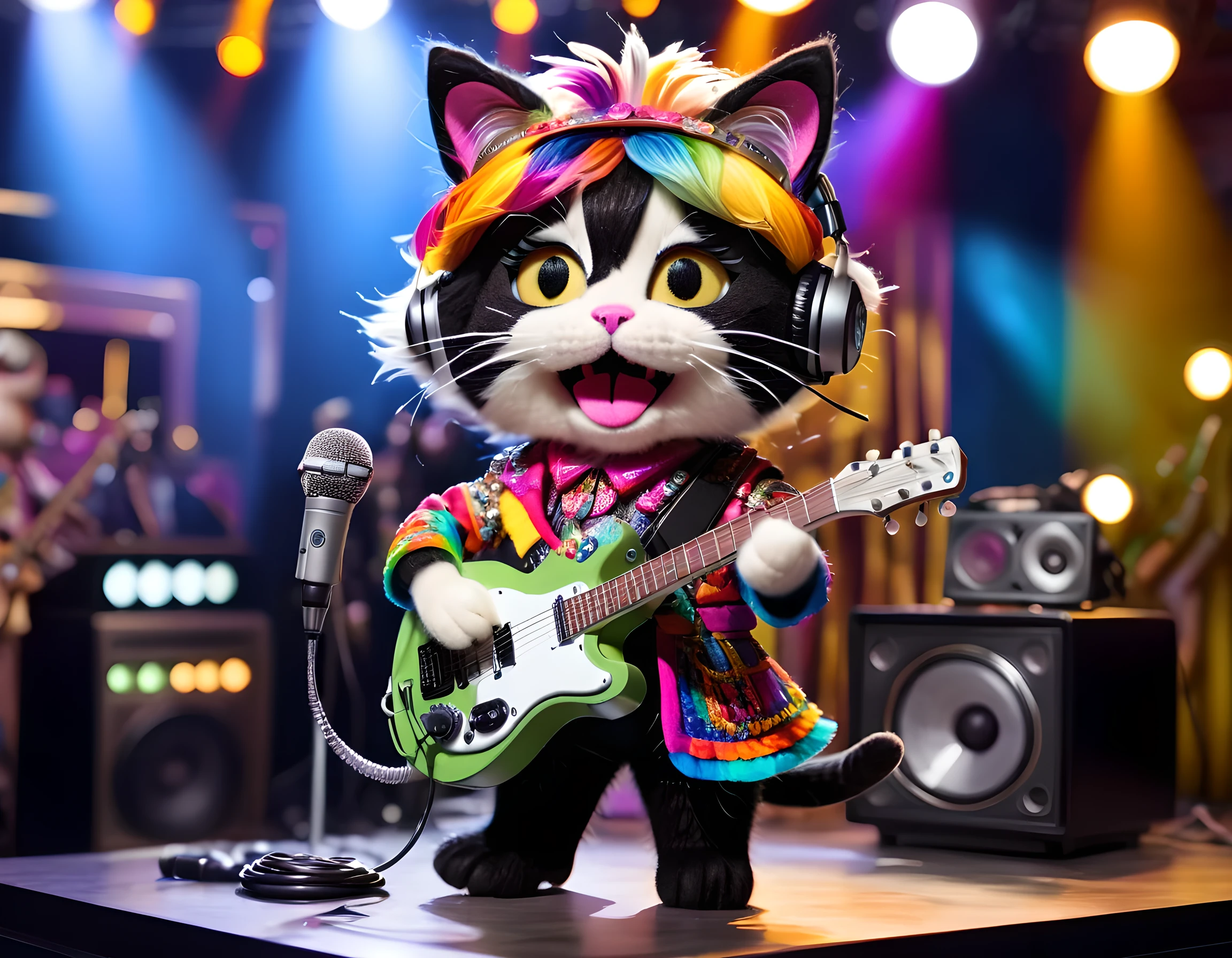 Felt doll of a cat who became an idol singer, singing a song on stage of a TV station, idol outfit, headset, colourful spotlights, intricate detailed outfit, Masterpiece, Best Quality, Ultra high Detailes