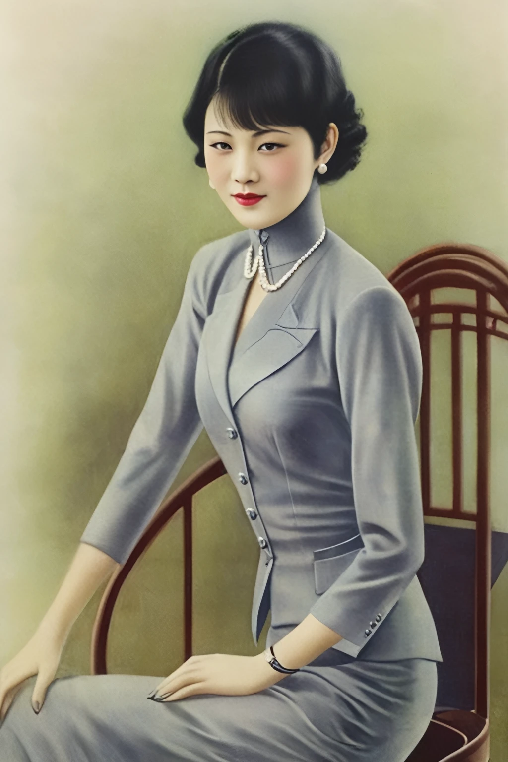 Arav woman in a grey suit poses for a photo, Wearing tights, Office Clothing, Wearing a suit, View from behind, Wearing a suit, Elegant posture, Wearing a suit, Woman in suit, Strictly abide by, Woman in suit，Wearing a serious suit, Sexy pose, Female Merchant, full, Elegant and confident posture，Retro Shanghai style，chp1920s,Bangs, sit, chair, chp1920s,Looking at the audience,(Beautiful and delicate face),