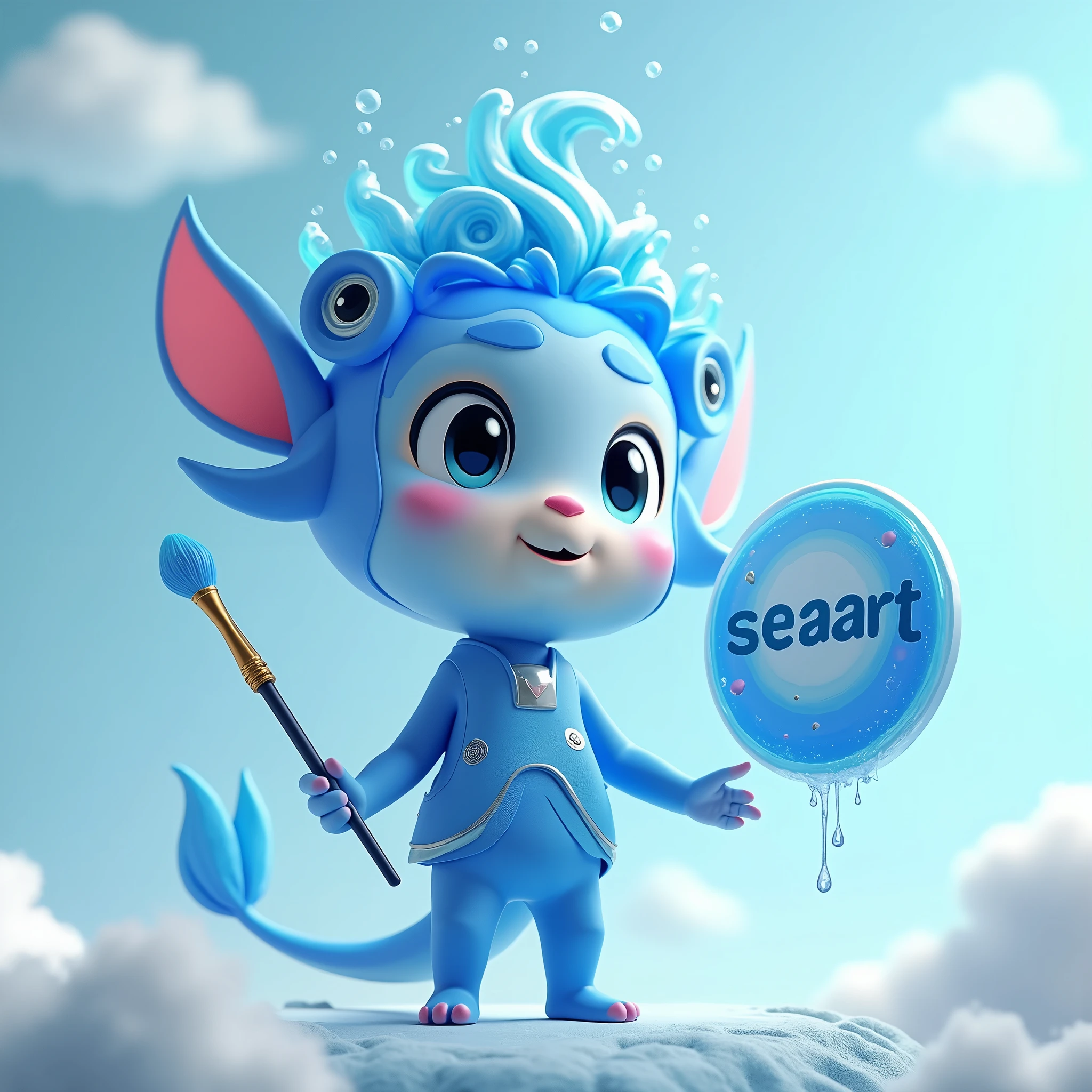 cute，A blue sea elf，Wearing clothes made from seawater，Wearing a digitally-made blue sea painter&#39;s hat，Barefoot，Holding a paintbrush in left hand，Right hand pointing forward，On the right hand, there is a large circle made of blue sea water with the word &quot;seaart&quot; written on it.，Swirl shape，Swirl shape，Curious expression，A person poses for painting，White Art World Background，Perfect Light，High image quality，Extraordinary texture，High-resolution details，Masterpieces，Vivid colors，High contrast tones，Cool colors，Fantasy style，Perfect Light，High image quality，Extraordinary texture，Chibi，3D Rendering，Unreal Engine，C4D，OC Renderer，Ray Tracing，Long-distance shooting