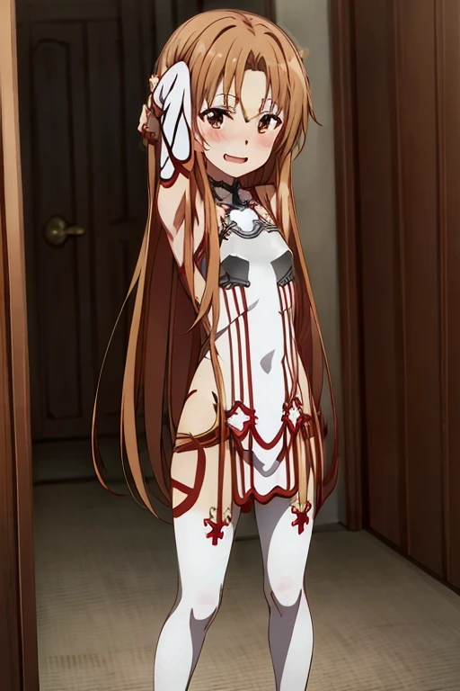 ((Best Quality)), ((masterpiece)), (be familiar with), Perfect Face, indoor, bedroom, Watching the audience,
One woman, Yuuki Asuna,
Open Mouth, Ecstatic expression, blush, smile,
Small breasts, Flat Chest, , , child, Girl,
Long Hair, Long Hair,
Leg spread,