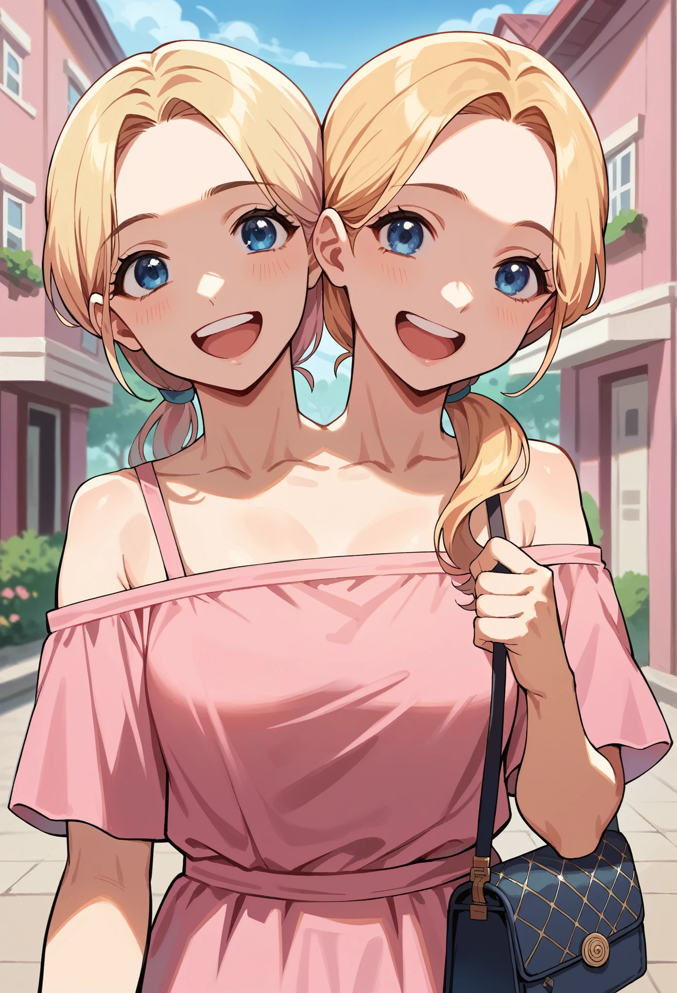 anime, (masterpiece, best quality), best resolution, two heads, 1girl, barbie, blond hair, low ponytail, different hair styles, shoulder length hair, blue eyes, smiling, mouth open, different facial expressions, mouth closed, pink dress, holding a handbag, front yard of pink house, suburban