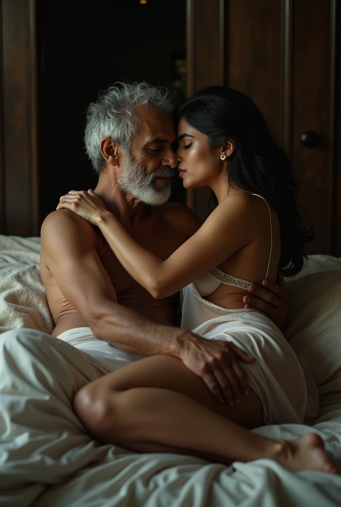A nude old man hugging beautiful Indian actress woman, sitting on bed, wearing loose off-shoulder top, pajama pants, long curly hair, indoors, soft lighting, plants in background, window with sunlight, cozy room, relaxed pose, realistic, intricate details, warm colors, by Greg Rutkowski, by Alphonse Mucha