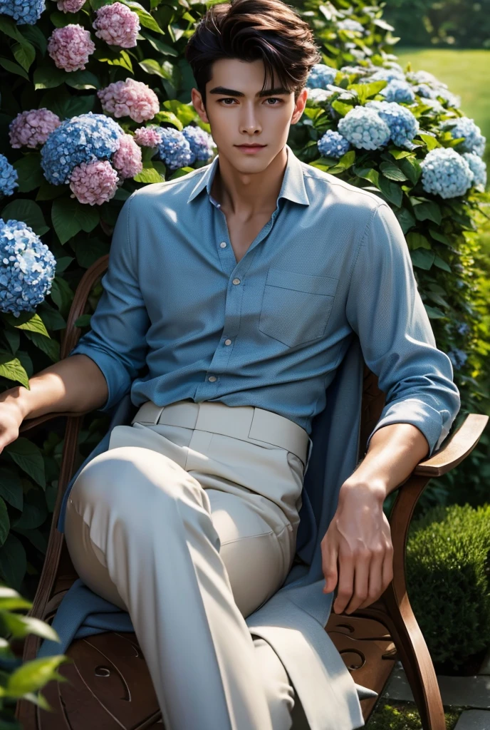 Ultra High Definition, extremely detailed, masterpiece, A tall handsome man with broad shoulders and a lean, muscular build lounges in a quaint English tea garden, surrounded by meticulously trimmed hedges and blooming hydrangeas. His linen shirt is loosely buttoned, revealing a glimpse of his toned chest, and his light trousers hang casually as he sits back in a wrought-iron chair, legs stretched out. His dark short hair is swept back, and his piercing blue eyes are soft with relaxation as he gazes at the vibrant colors of the garden. The air is filled with the sweet fragrance of roses and freshly cut grass, while delicate teacups and a plate of scones sit on the table next to him. The soft rustle of the wind in the trees and the gentle clinking of china create an air of quiet sophistication and charm. His presence blends effortlessly with the scenery creating a sense on sensuality and allure.