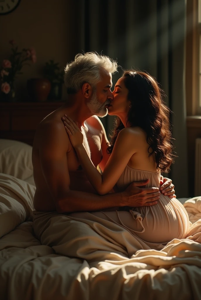 A man and a woman in silk pajamas are having sex.,50-year-old male,20-year-old female 