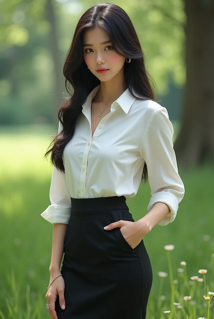 (masterpiece, top quality, best quality, extreme detailed, colorful, highest detailed, Dreamy Atmosphere, Bright color, real photo, real skin. Hyper realistic, 1girl, Indonesian Chinese young girl, medium hair, looking sharp to the viewer, detailed skin, city street background, slender body, sitting front view on a bench, ((spreading legs:1.4)), morning time, small breasts. She's wearing a thight white shortsleeve collar shirt, (open shirt:1.3) and black pencil miniskirt, thailand college suit, arms behind, showing white silky panties, soft front studio lighting