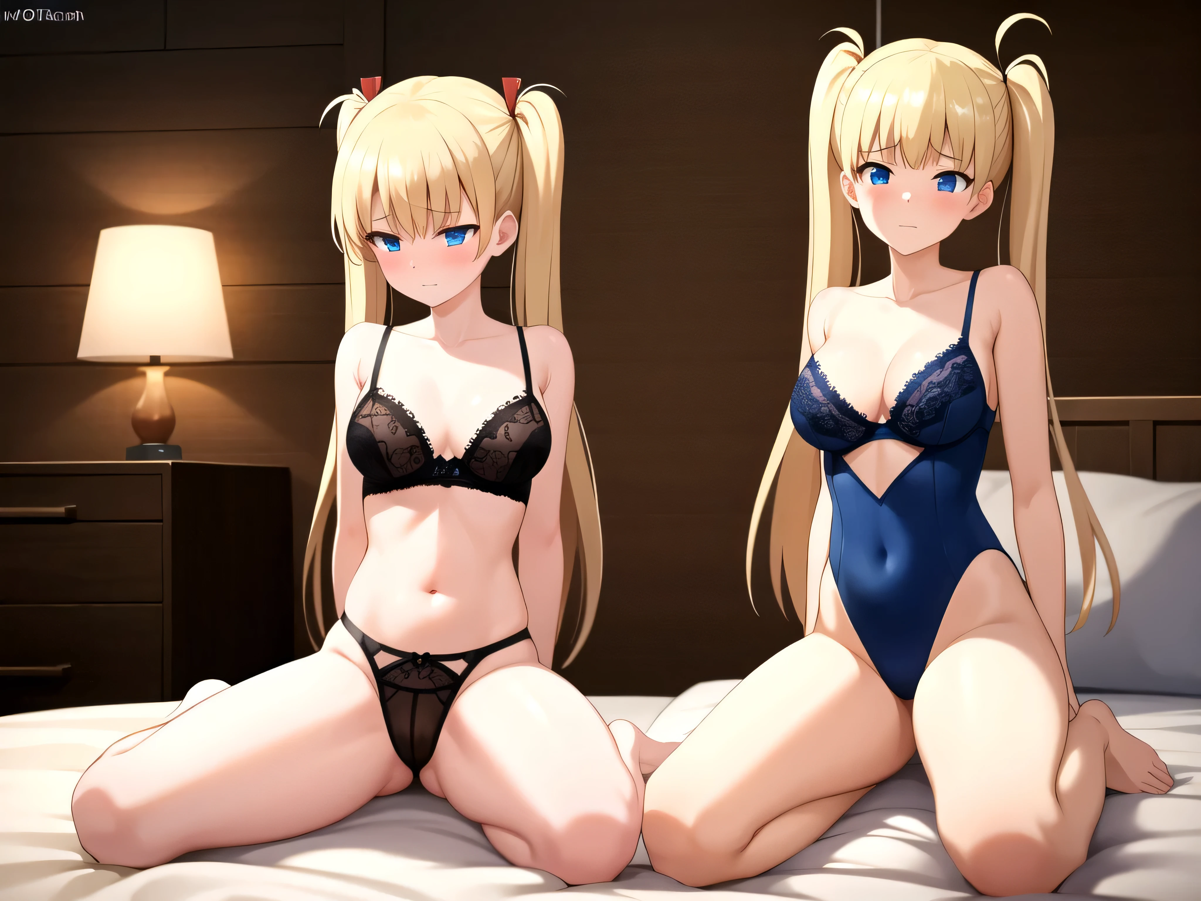 superflat, flat shading, flat colors, 25_year_old mother and 8__old ghter child lite, white panties, stockings, topless, nipple, blonde, sitting on bed, smile, blush, posing, best shadows, watercolor,