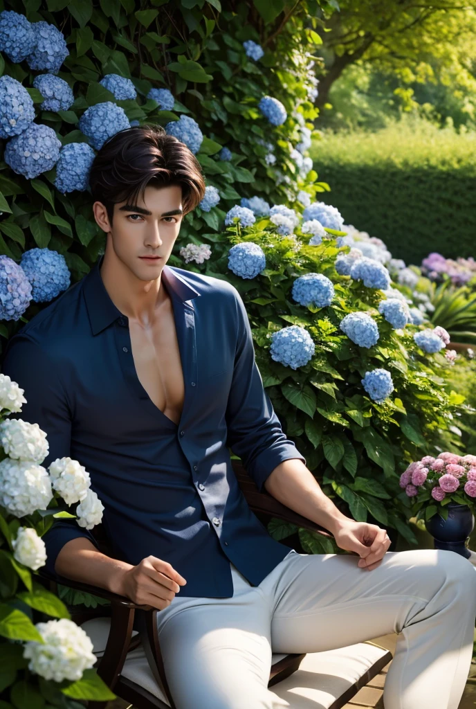 Ultra High Definition, extremely detailed, masterpiece, A tall handsome man with broad shoulders and a lean, muscular build lounges in a quaint English tea garden, surrounded by meticulously trimmed hedges and blooming hydrangeas. His linen shirt is unbuttoned, revealing his toned abs and chest, and his light trousers hang casually as he sits back in a wrought-iron chair, legs stretched out. His dark short hair is swept back, and his piercing blue eyes are soft with relaxation as he gazes at the vibrant colors of the garden. The air is filled with the sweet fragrance of roses and freshly cut grass, while delicate teacups and a plate of scones sit on the table next to him. The soft rustle of the wind in the trees and the gentle clinking of china create an air of quiet sophistication and charm. His presence blends effortlessly with the scenery creating a sense on sensuality and allure.