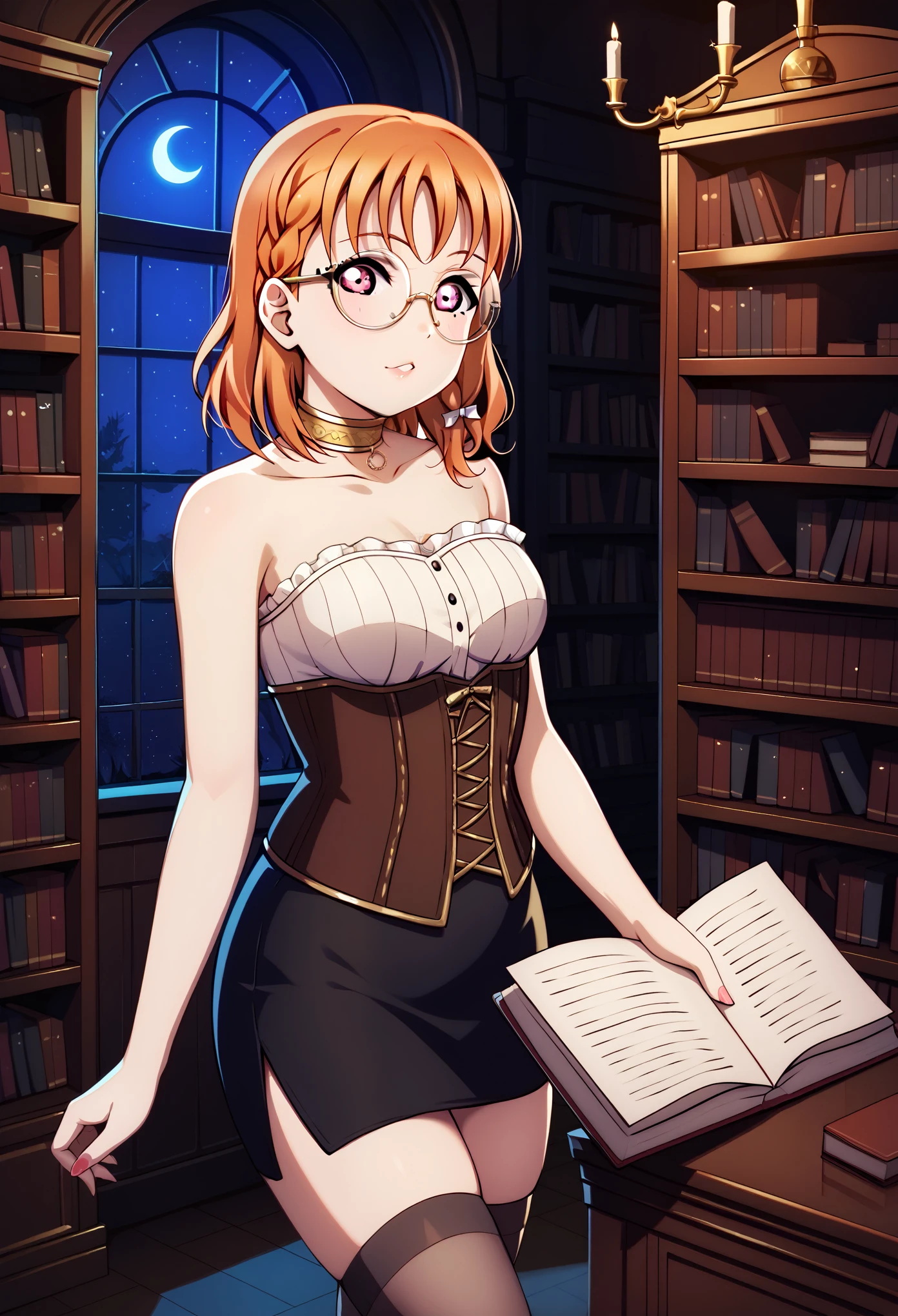 masterpiece, best quality, love live art style, takami chika , orange hair, medium hair, pink eyes, side braid, circle glasses, corset, pencil skirt,collarbone,neck ring, thighhighs, in black dark library , night , looking at viewer, strapless , holding closed magical book