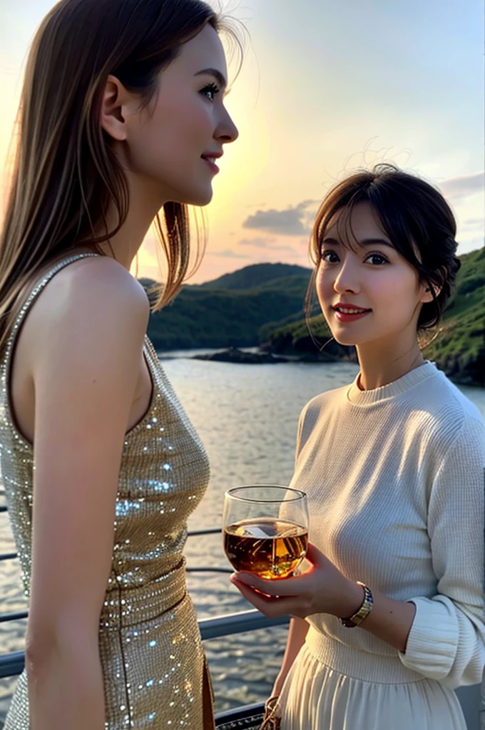 ((Highest quality、、masterpiece:1.3))、1 male、1 female,36 years old 39 years old、Put the light on my face、Slim Beauty、Beautiful couple、Upper Body、smile、 (Slim face), (the body is スリム), (Brown Hair), (Shortcuts), テーブルのフルコースディナーとwine glass、Amazing view of the sunset sky and clouds、smileの美しさ、Wine bottle、sparkling wine、Long sleeve shirt、dress、White wine, red wine, wine glass, Beautiful fine grain, Depth f/2,saturation, High Contrast, Strong light and shadow,Moist Body:1.5、 texture、The hair is very shiny、
