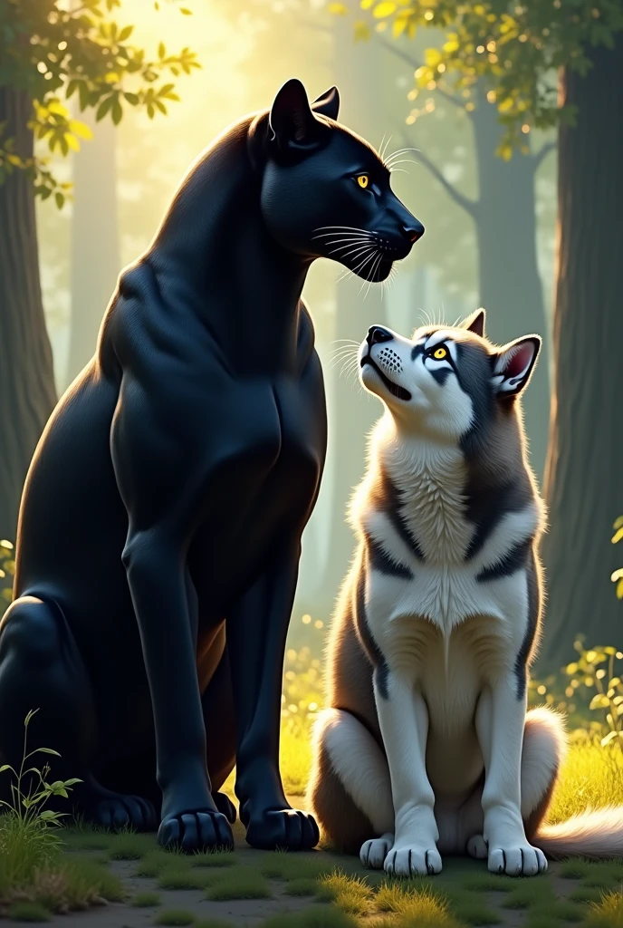 A Newfoundland dog with a large white spot on its chest and a gray tiger cat  (the dog is the same size as the cat) et le chat est gros
