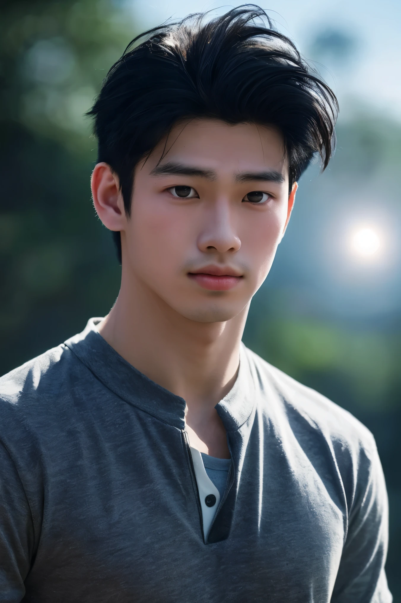 portrait of a young Japanese 15-year boy 1, no shirt,  manly, hairy, good looking body,  undercut short black hair, white peal and bright skin, very tick eyes brow, big and black shining eyes, picture from a movie shot, soft light, 8k, sharp an bright, background is the soft blue bokeh, the best quality picture