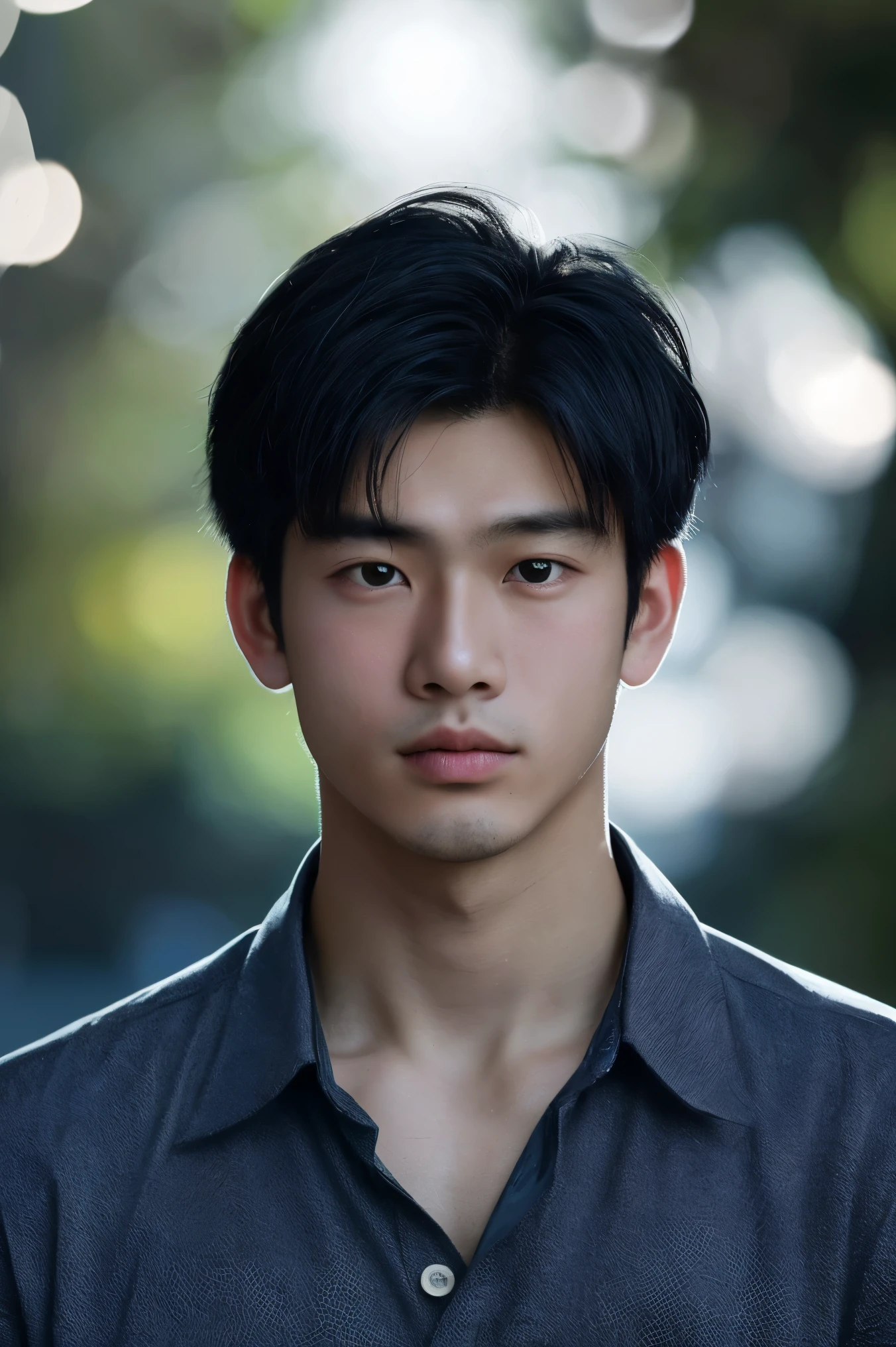 portrait of a young Japanese 15-year boy 1, no shirt,  manly, hairy, good looking body,  undercut short black hair, white peal and bright skin, very tick eyes brow, big and black shining eyes, picture from a movie shot, soft light, 8k, sharp an bright, background is the soft blue bokeh, the best quality picture