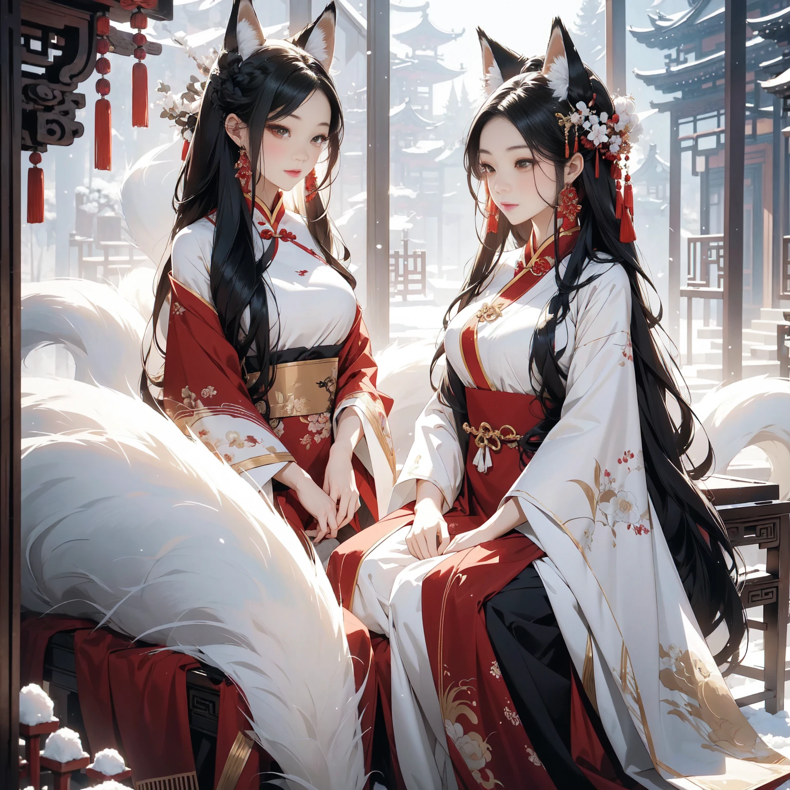 brush brush，asian woman，long snow white hair，Full body in the mirror，Big fox ears，Fox tail on body，flowing hair details，Gorgeous Chinese style accessories，Illustration composition，A nine-tailed white fox in the background，fantastic falling snow，There are also seats made of bones。