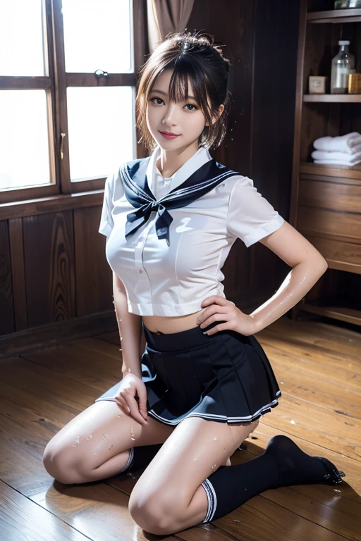 (reality: 1.4),highest quality, masterpiece, high detail, 16K quality, beautiful, 1 beautiful girl,japanese,super beautiful face,,japanese idol face,cute face,super detailed face,detailed hand,beautiful skin,oily skin,big eyes,profeccional lighting,medium hair,black hair,brown beautiful eyes, big smile,standing, (skirt lift),big breasts,(sailor suit),(checked skirt),white panties,(showing panties),black high socks,spread legs, she is looking at the camera,classroom, nsfw,from below,