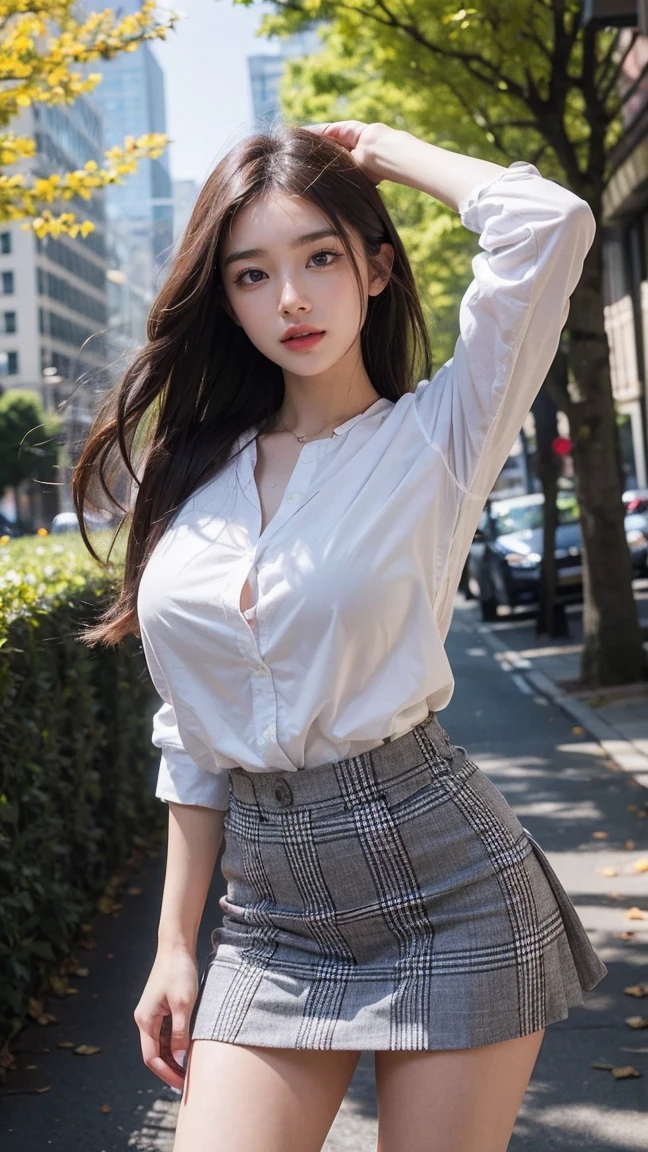 (masterpiece, Highest quality:1.3), (Super detailed:1.2), (hyperRealistic:1.3), (RAW Photos:1.2),High-definition RAW color photos, Professional photos, (PhotoRealistic:1.4), (Realistic:1.4), ,Professional Lighting, (Japanese), Beautiful Face, (Realistic face), Cute Woman, (Brown Hair, Big Breasts:1.5), (Bright smile:1.5), Trending Hair&Trending Hairカラーをランダムに, Earrings, necklace, bracelet, Sexy, erotic Sexy, Random sexy gravure poses, (A girl in a white blouse and a checked skirt、Her skirt is flipped up while she is jumping energetically in the schoolyard.。:1.3)