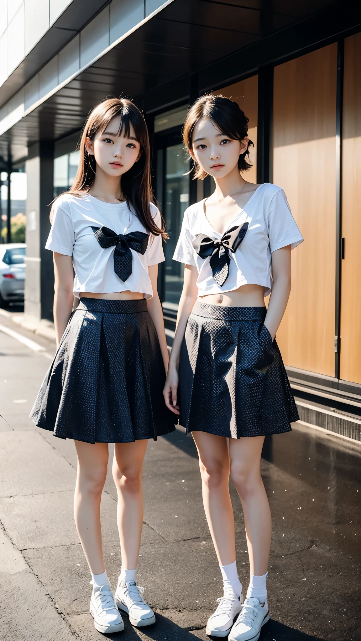 High detail, Textured skin, Very detailed, Ultra high definition, High-resolution model, Detailed face、bare navel、Twins, two girls, two high school girls、(((flat chest))), (flat chest:1.1)、 14years、a junior high school student、School Uniforms、Cute, young, (Full body:1.3)、Ultra-detail、​masterpiece、top-quality、超A high resolution、8K high image quality、Photogenic clarity、A detailed eye、Real live-action、Spring outdoor、Model Standing、Beautiful posture、High detail, Textured skin, Very detailed, Ultra high definition, High-resolution model, 