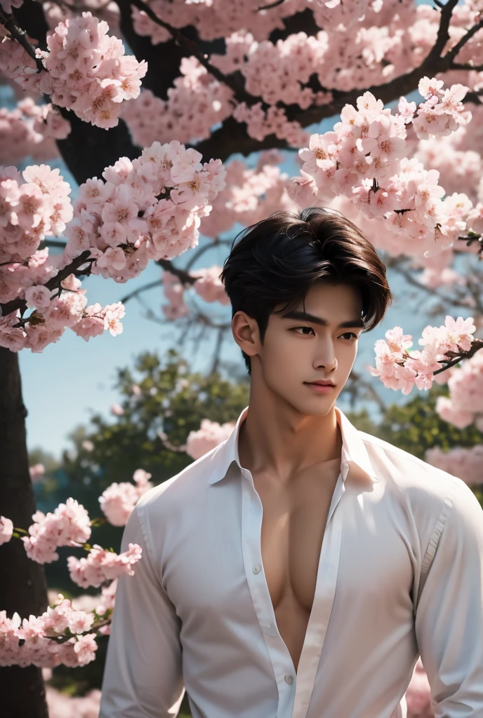 Ultra High Definition, extremely detailed, masterpiece, A tall, lean, handsome, muscular man with a serene expression stands beneath a canopy of cherry blossoms in full bloom, their pale pink petals drifting down around him like snow. His transparent white shirt is unbuttoned, revealing his toned abs and chest, while his dark jeans accentuate his athletic build. His short hair and light smile face give him a youthful, fresh appearance as he gazes towards the viewers. The soft fragrance of cherry blossoms fills the air, and the quiet rustling of the branches adds to the tranquil atmosphere. The ground is carpeted in a layer of delicate pink petals, and the afternoon sun filters through the branches, casting a warm, golden light over his strong, calm figure. His presence blends effortlessly with the scenery creating a breathtaking sense on sensuality and allure.