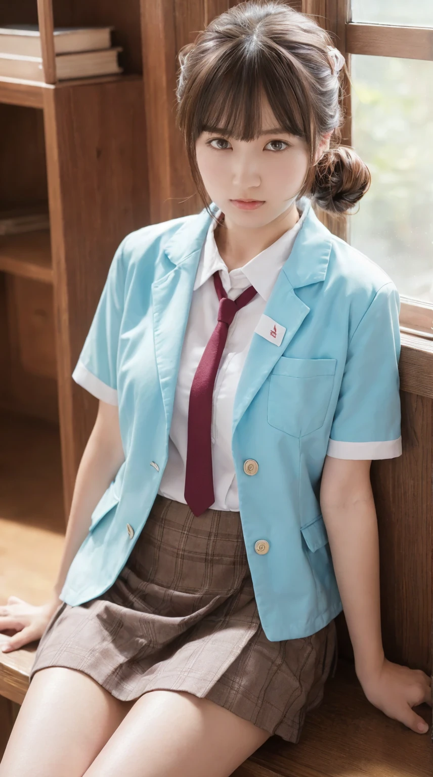 ulzzang-6500-v1.1,(raw photo:1.2), (photorealistic:1.4), Beautiful Meticulous Girl, very detailed eyes and faces, Beautiful detailed eyes, absurderes, unbelievable Ridiculous, hugefilesize, ultra - detailed, A high resolution, The is very detailed，best qualtiy，tmasterpiece，kemomimi，((Japanes girl' high school uniform))，illustratio，The is very detailed，CG，unified，8k 壁纸，Amazing Cleavage，finely detailled，tmasterpiece，best qualtiy，The is very detailed的 CG unified 8k 壁纸，light in face，cinmatic lighting, 1girl, 16 years old，(((dynamicposes)))，(Camel toes)，(A half body)，((Pantyhose))，((hand behind head))