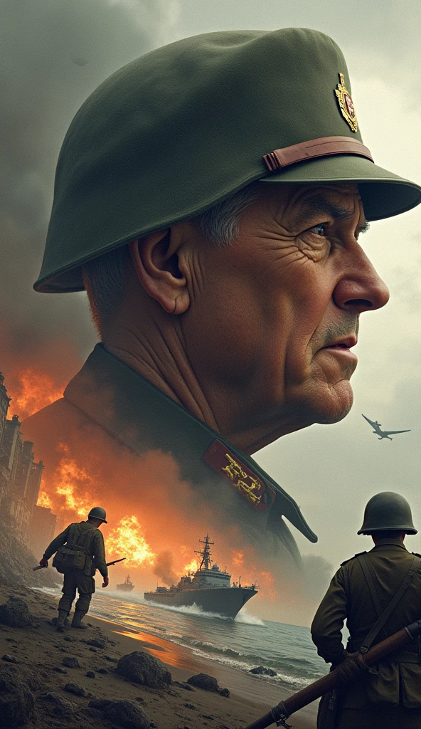 valkyrie style, evil man with a few other men, looking at viewer, explosion<lora:valkyrie_movie_offset:1>