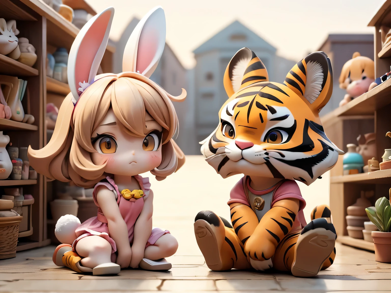 Rabbit girl and tiger boy, Street Corner Conversation, Clay doll, biceps, Animals in clothes, Mad texture, クレーアニメ, All made of clay, Colorful, ちびキャラ, animal head