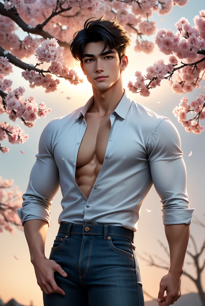 best quality,masterpiece,Ultra high detail,A handsome muscular man,Short black hair,topless,(Flowers on the shoulder),(With flowers in his black micro thong),realistic,Grey background, flowers on his head,Yellow, violet and white flowers,